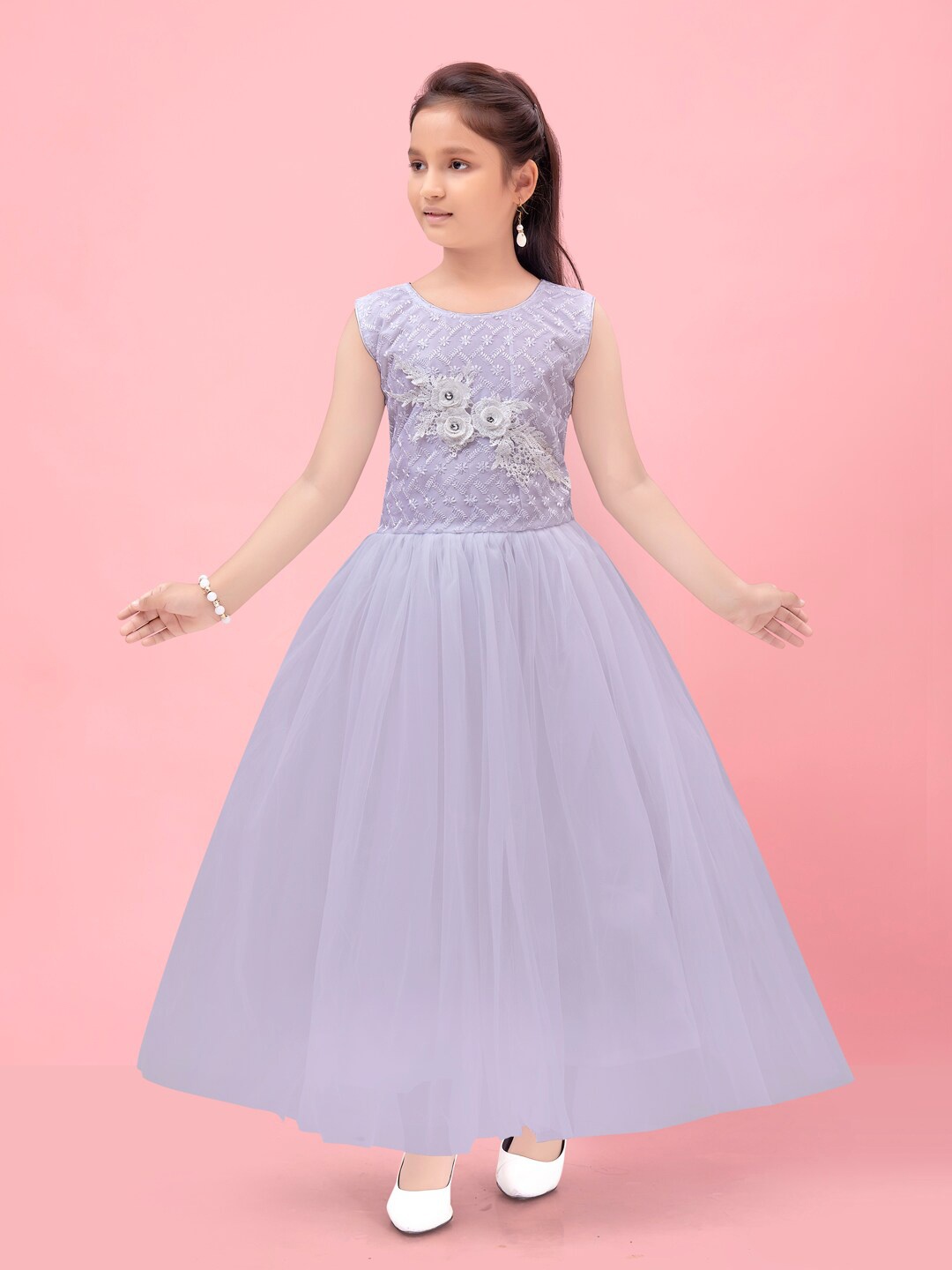 

Aarika Girls Self Design Round Neck Applique Fit & Flare Maxi Dress, White