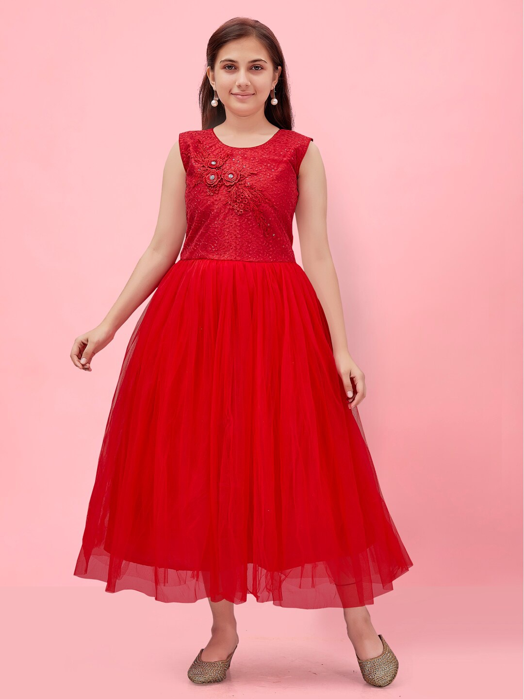 

Aarika Girls Self Design Round Neck Applique Fit & Flare Midi Dress, Red