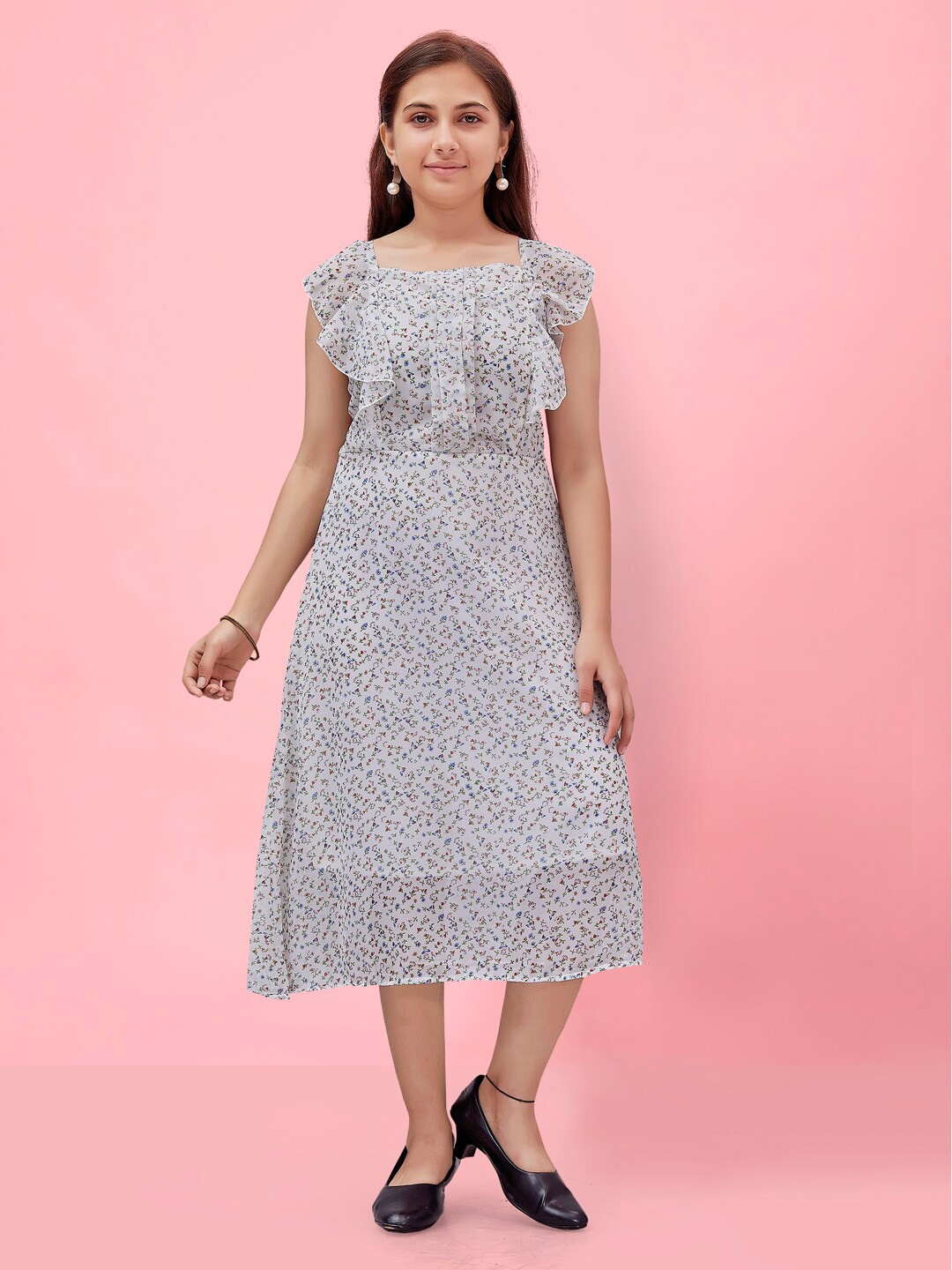 Aarika Girls Floral Printed Square Neck Ruffled A-Line Midi Dress, White