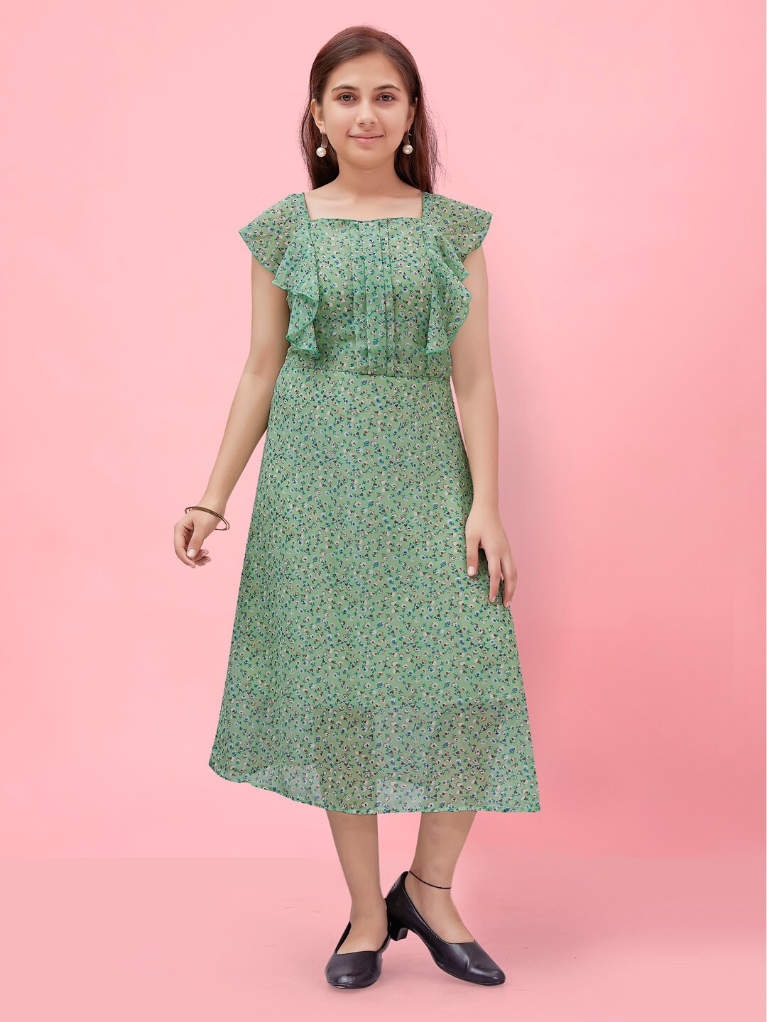 

Aarika Girls Floral Printed Square Neck Ruffled A-Line Midi Dress, Green
