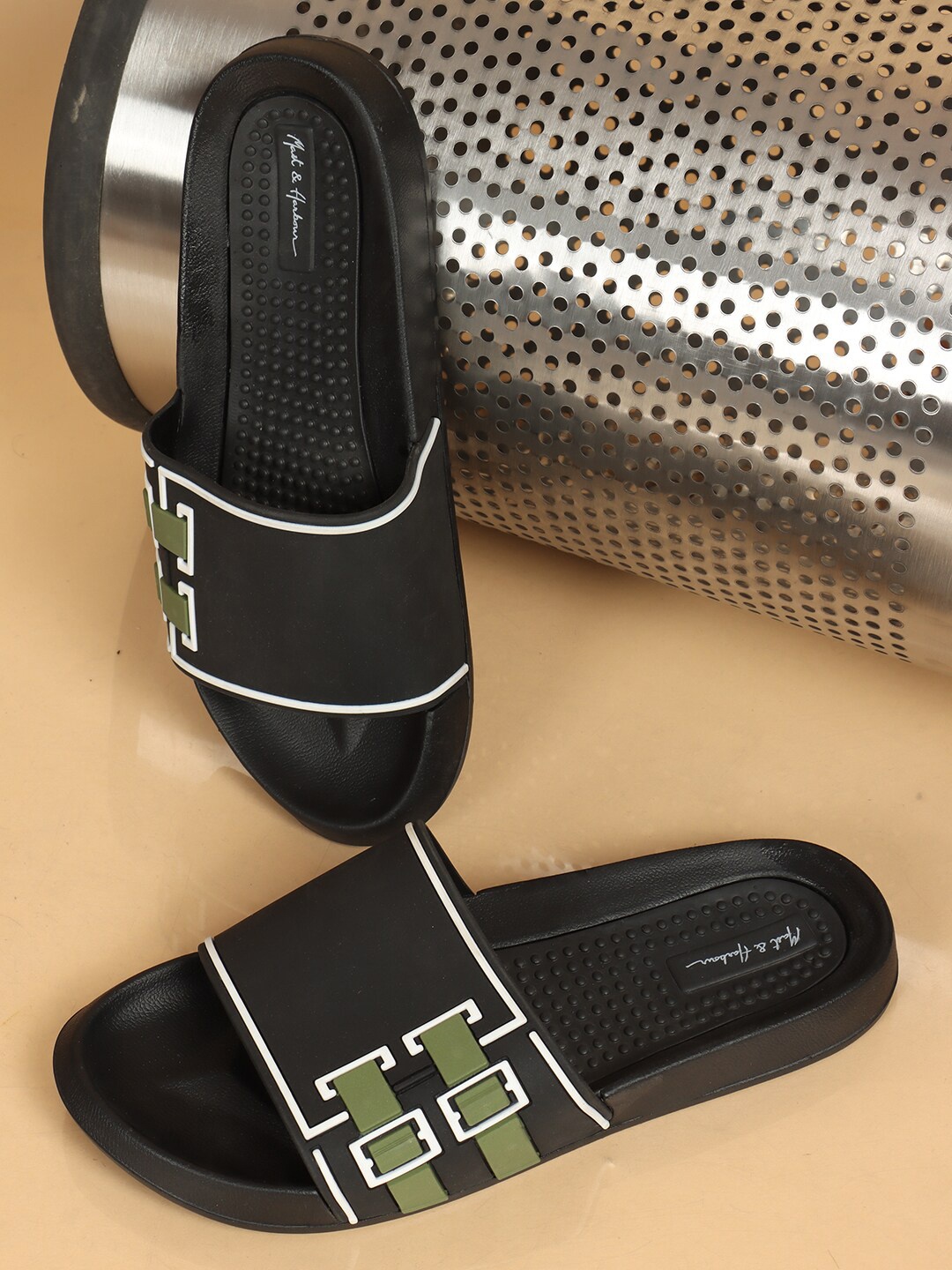 

Mast & Harbour Men Black & Olive Green Printed Sliders