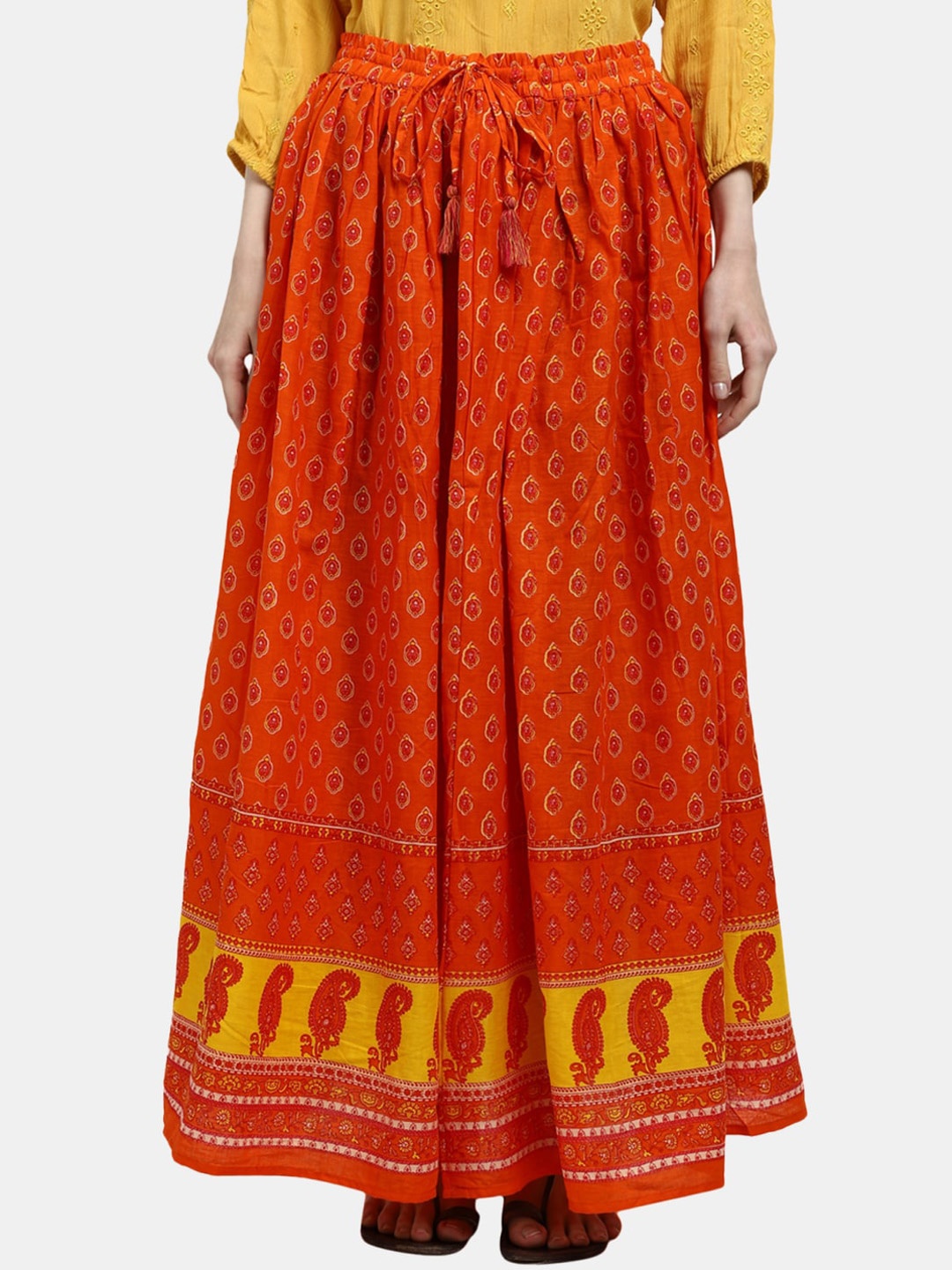 

V-Mart Ethnic Motifs Printed Maxi Flared Skirts, Orange