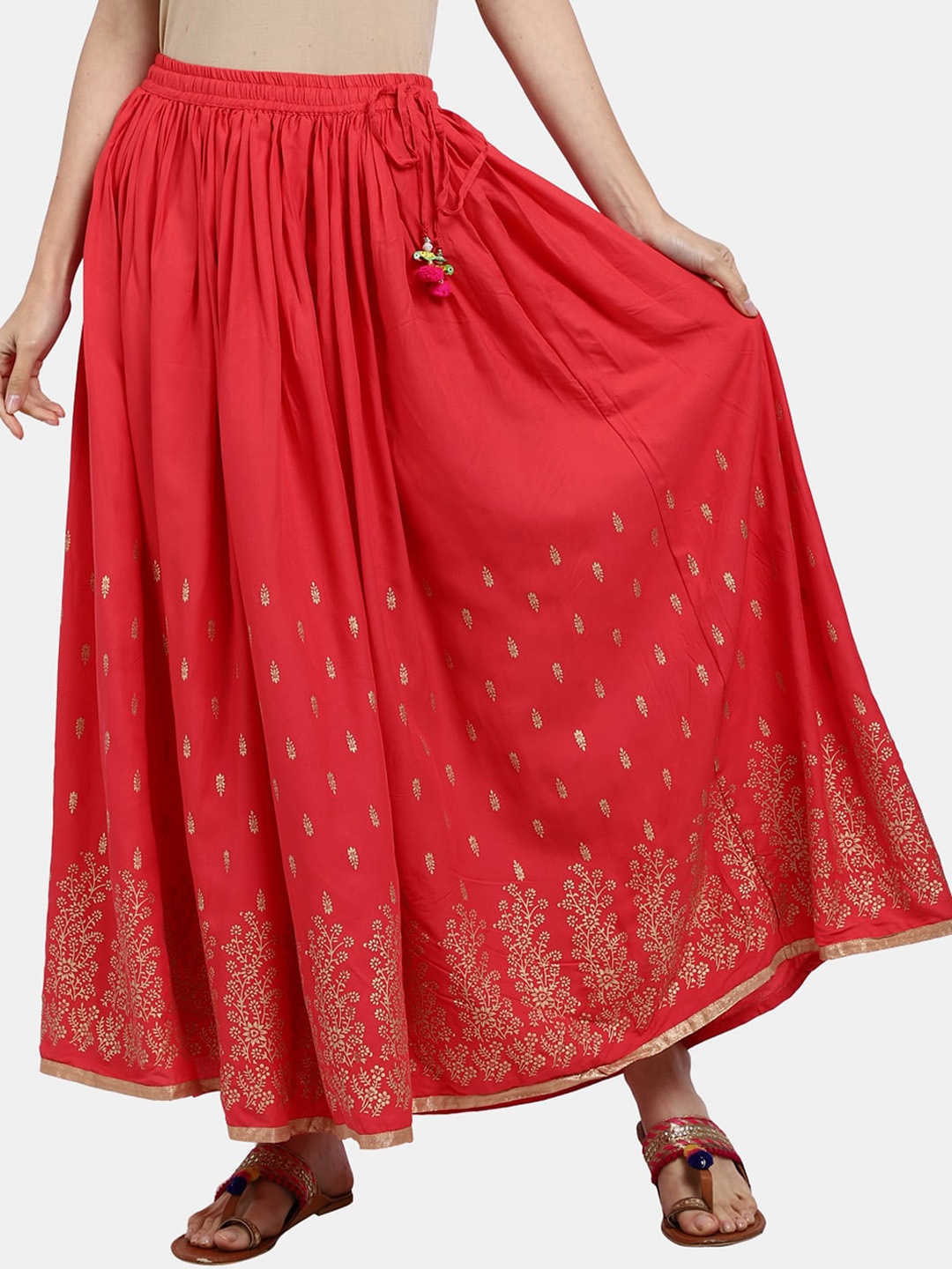 

V-Mart Ethnic Motifs Printed Maxi Flared Skirts, Red