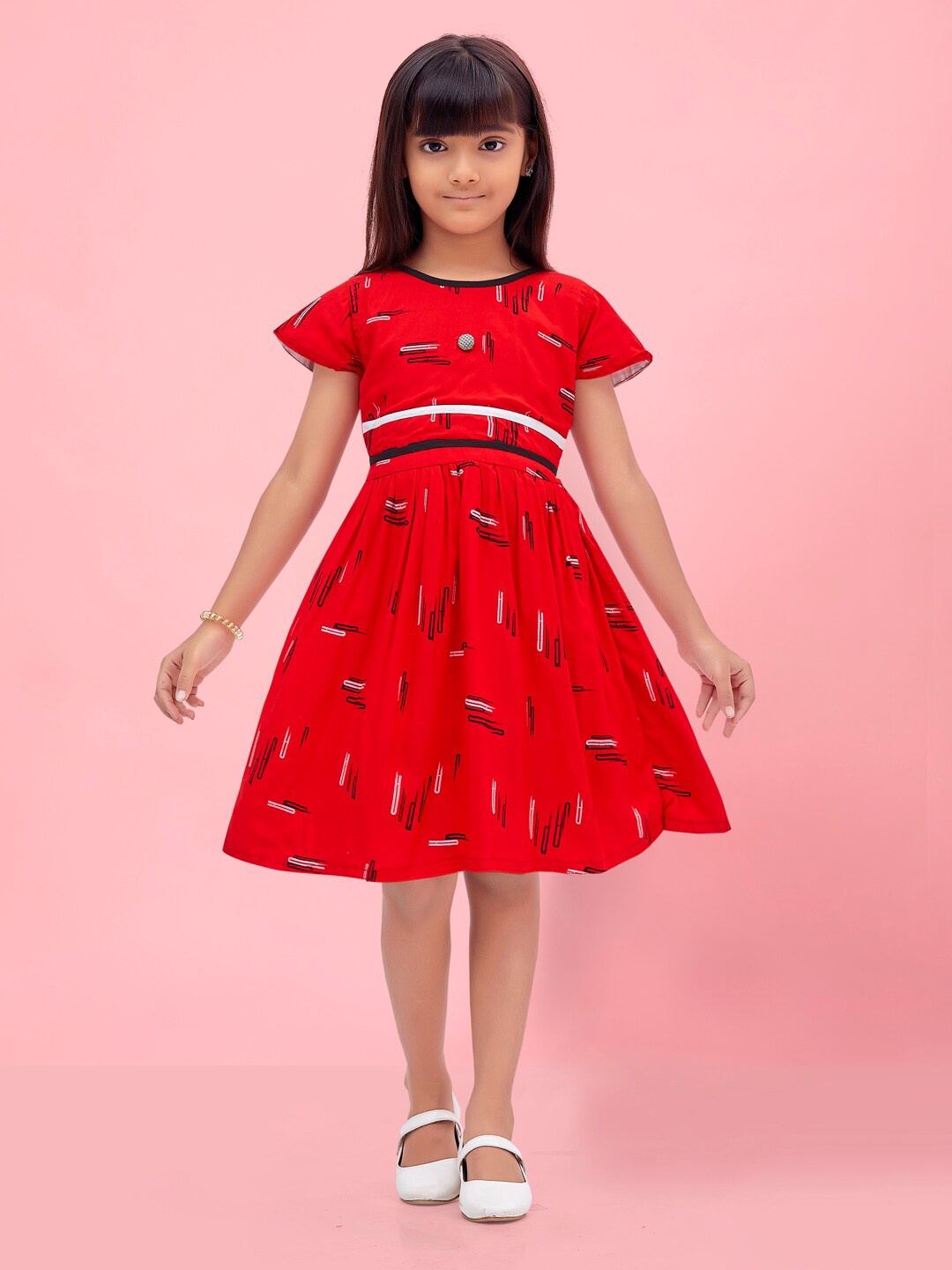 

Aarika Girls Conversational Printed Cap Sleeves A-Line Dress, Red