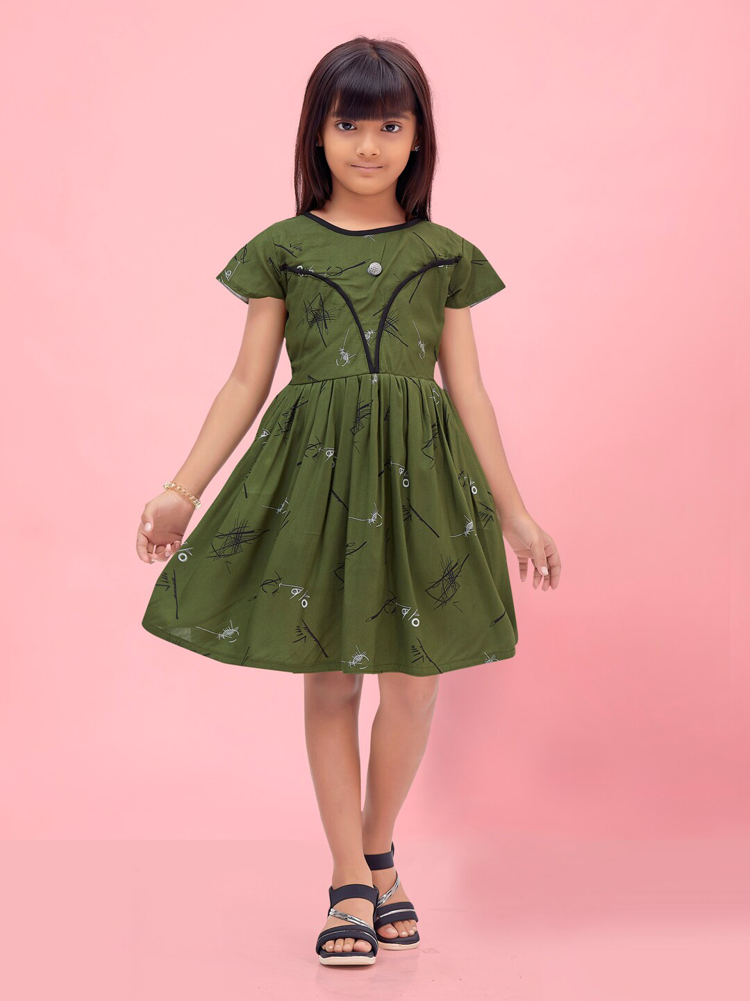 

Aarika Girls Conversational Printed Cap Sleeves A-Line Dress, Olive