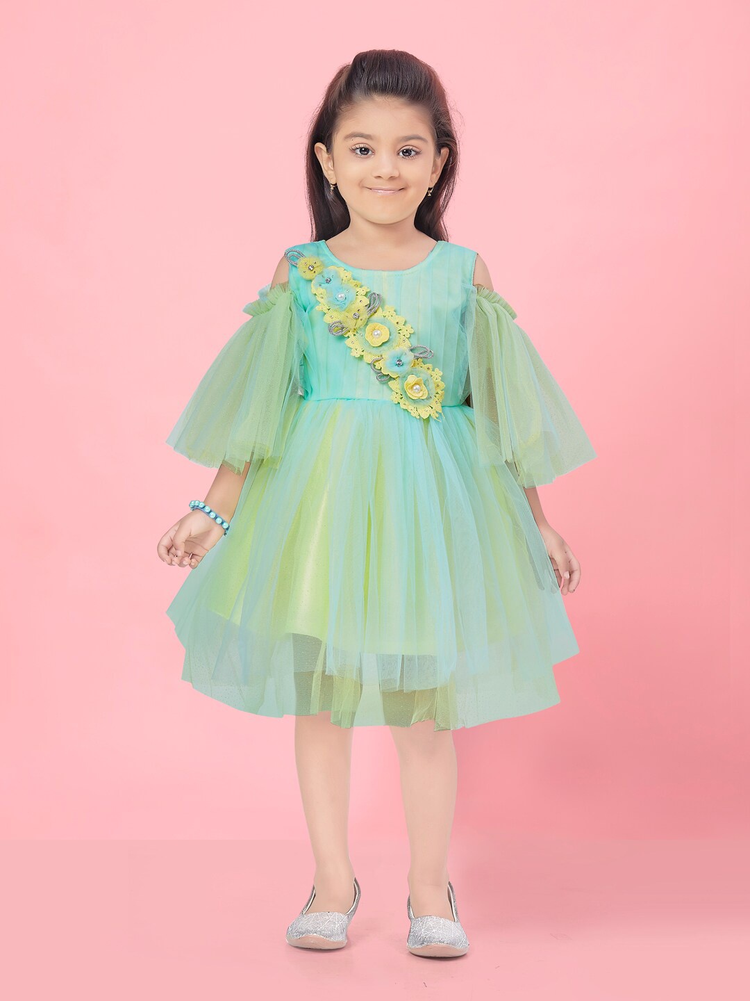 

Aarika Girls Floral Embellished Applique Detailed Cold-Shoulder Sleeves Fit & Flare Dress, Sea green