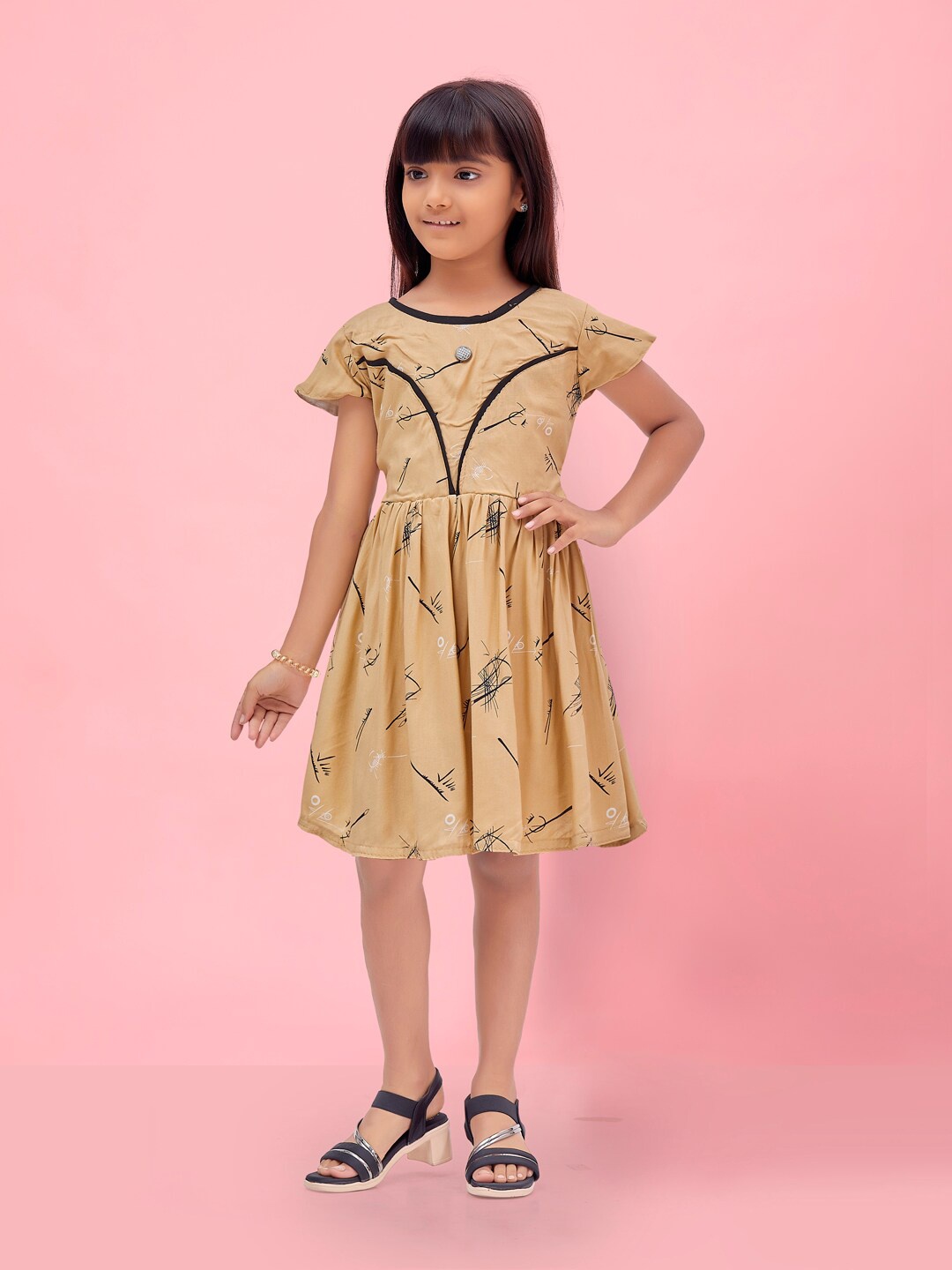 

Aarika Girls Conversational Printed Cap Sleeves A-Line Dress, Beige