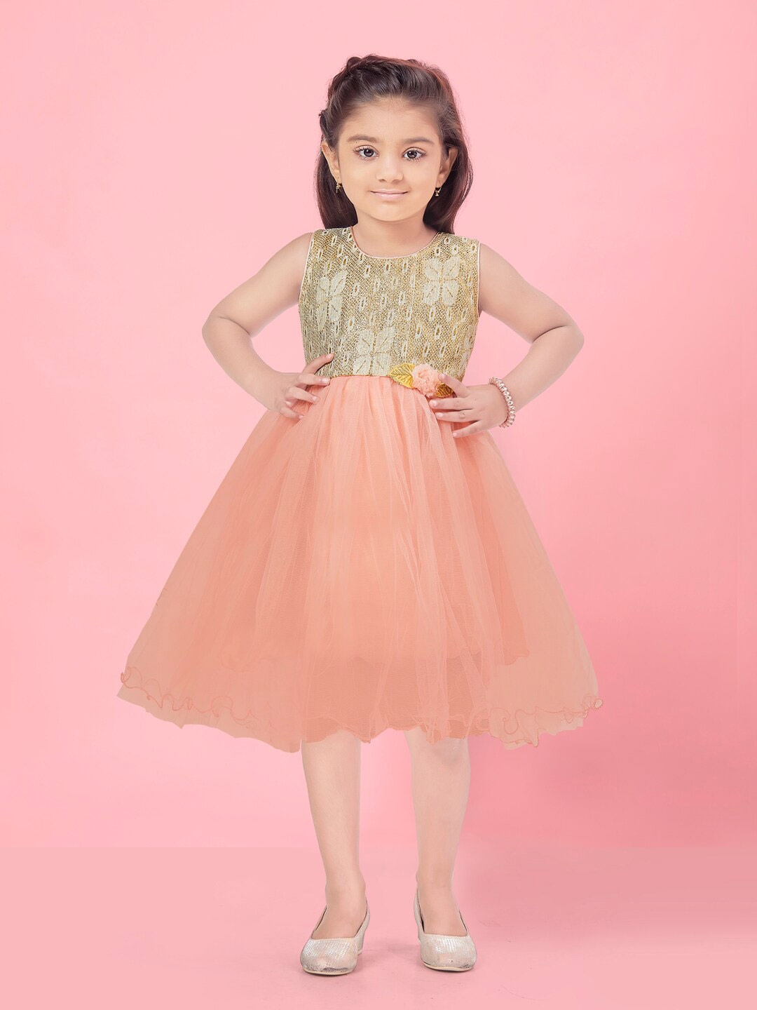 

Aarika Girls Self Design Fit & Flare Dress, Peach