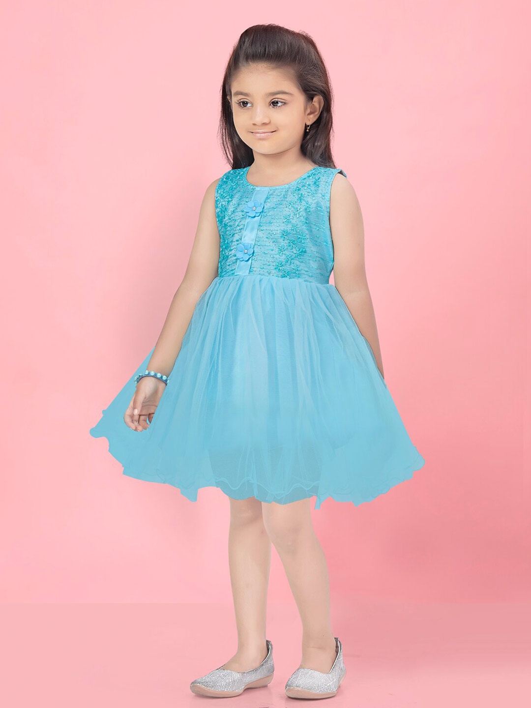 

Aarika Girls Floral Embroidered Fit & Flare Dress, Turquoise blue