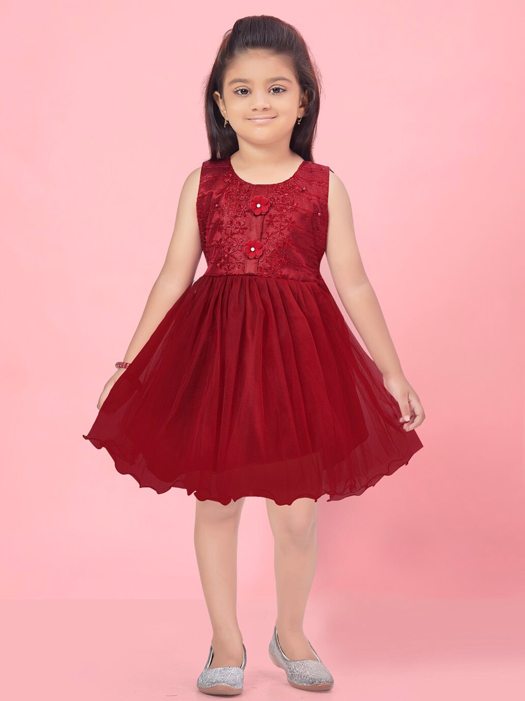 

Aarika Girls Floral Embroidered Applique Fit & Flare Dress, Maroon