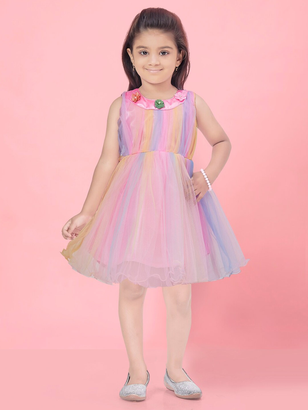 

Aarika Girls Gathered & Pleated Applique Detailed Fit & Flare Dress, Pink
