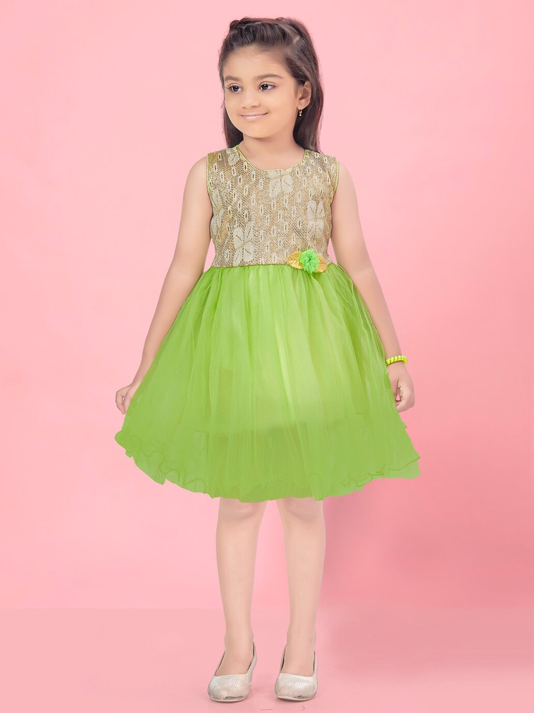 

Aarika Girls Self Design Applique Fit & Flare Dress, Lime green