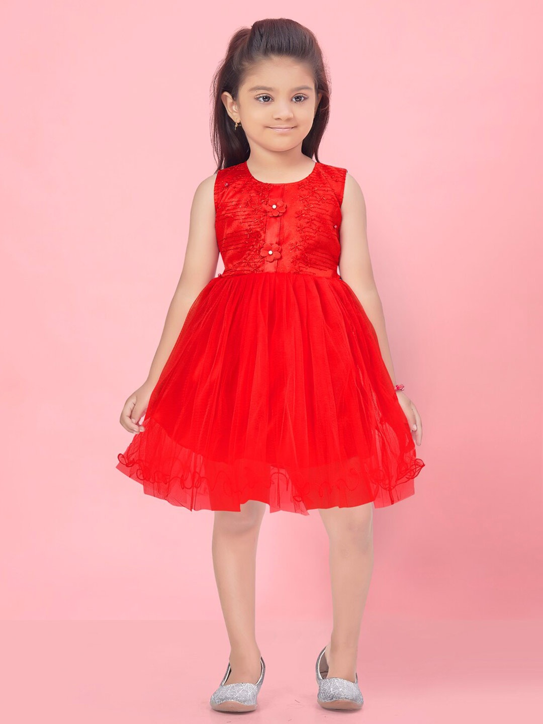 

Aarika Girls Floral Embroidered Applique Fit & Flare Dress, Red