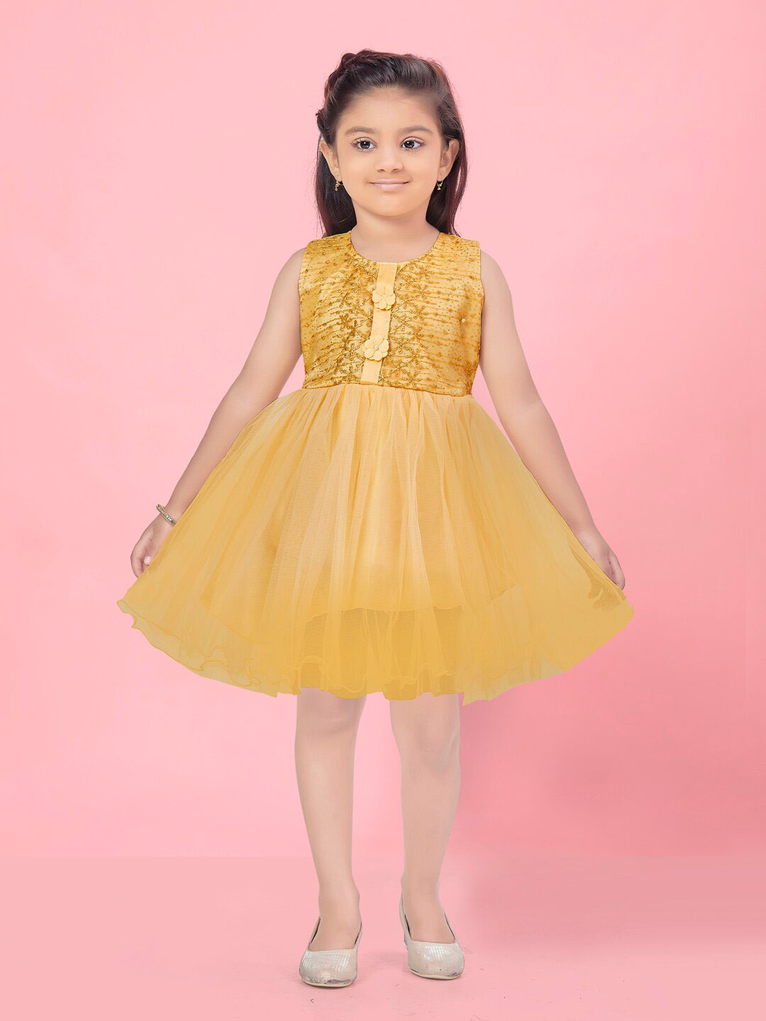 

Aarika Girls Floral Embroidered Applique Fit & Flare Dress, Beige