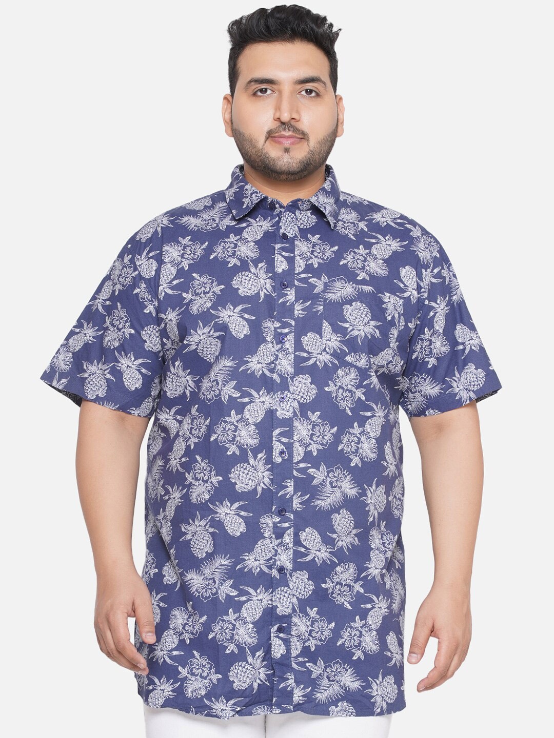 

Santonio Plus Size Floral Printed Cotton Classic Opaque Casual Shirt, Navy blue