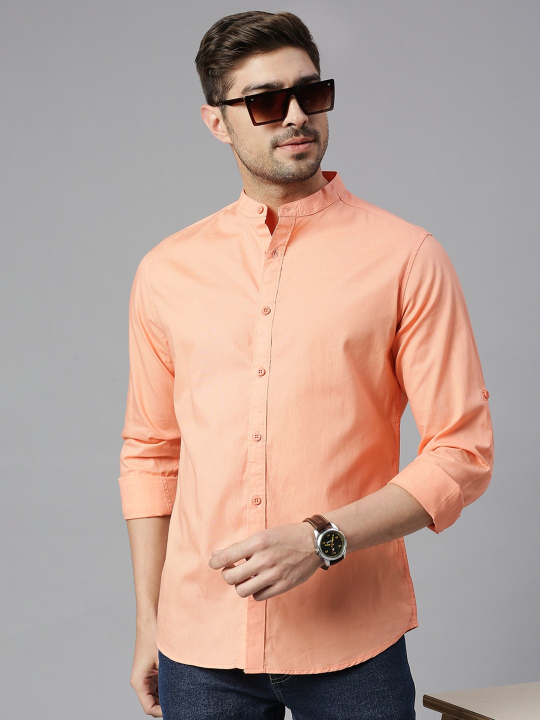 

HERE&NOW Classic Mandarin Collar Slim Fit Opaque Pure Cotton Casual Shirt, Peach