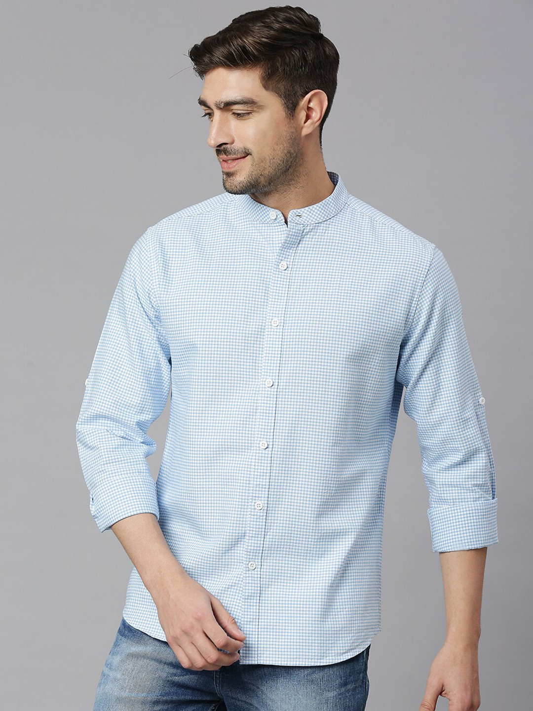 

HERE&NOW Classic Slim Fit Micro Checks Opaque Pure Cotton Casual Shirt, Blue