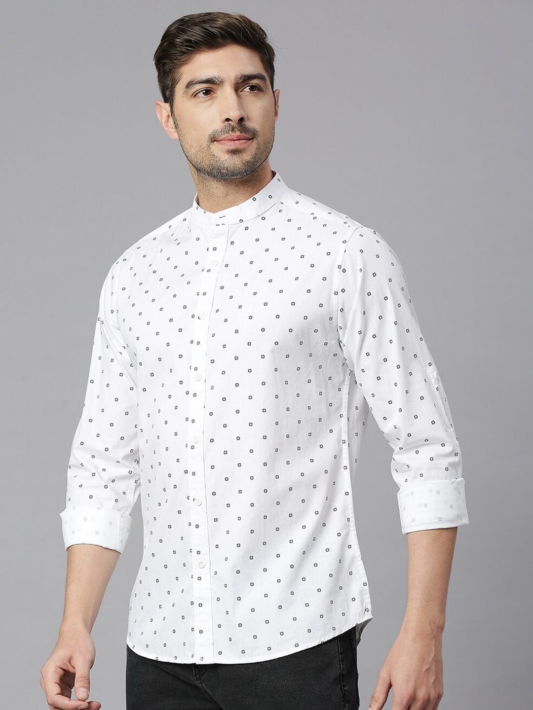 

HERE&NOW Classic Slim Fit Opaque Micro Ditsy Printed Pure Cotton Casual Shirt, White