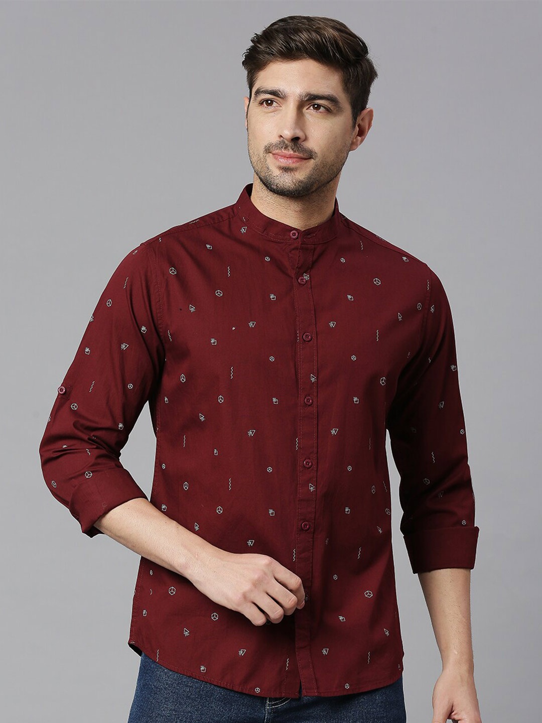 

HERE&NOW Classic Slim Fit Opaque Geometric Printed Pure Cotton Casual Shirt, Maroon