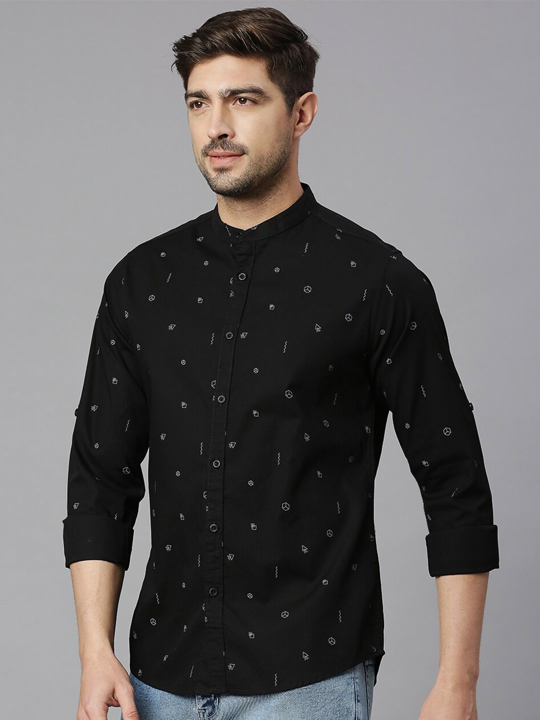 

HERE&NOW Classic Slim Fit Opaque Geometric Printed Pure Cotton Casual Shirt, Black