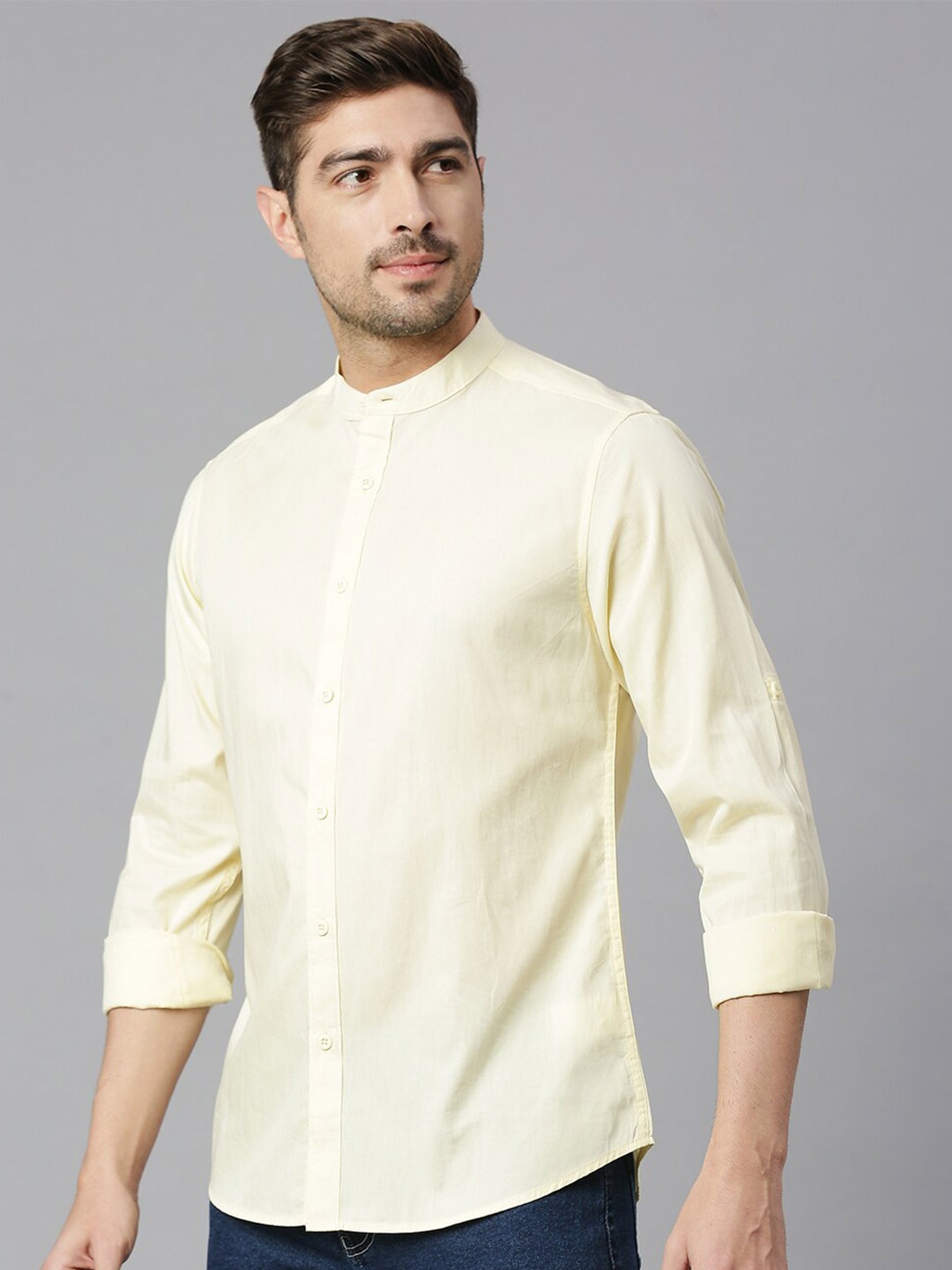 

HERE&NOW Classic Mandarin Collar Slim Fit Opaque Pure Cotton Casual Shirt, Yellow