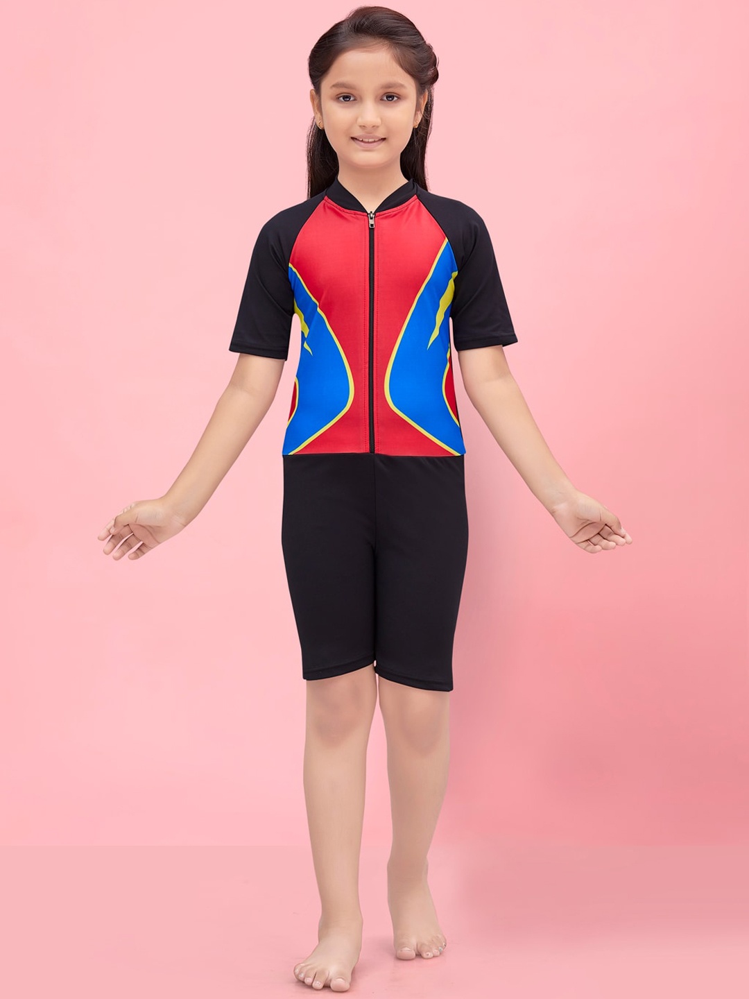 

Aarika Girls Colourblocked Swimwear With Attached Shorts, Black