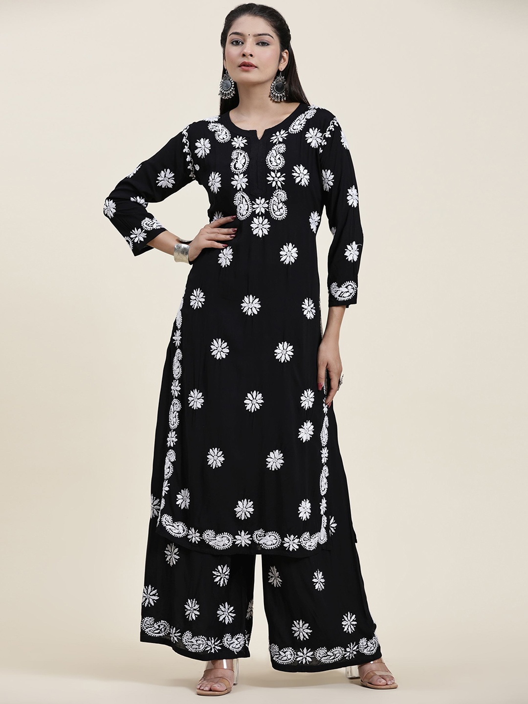 

HOUSE OF KARI Ethnic Motifs Embroidered Chikankari Pure Cotton Kurta with Palazzos, Black