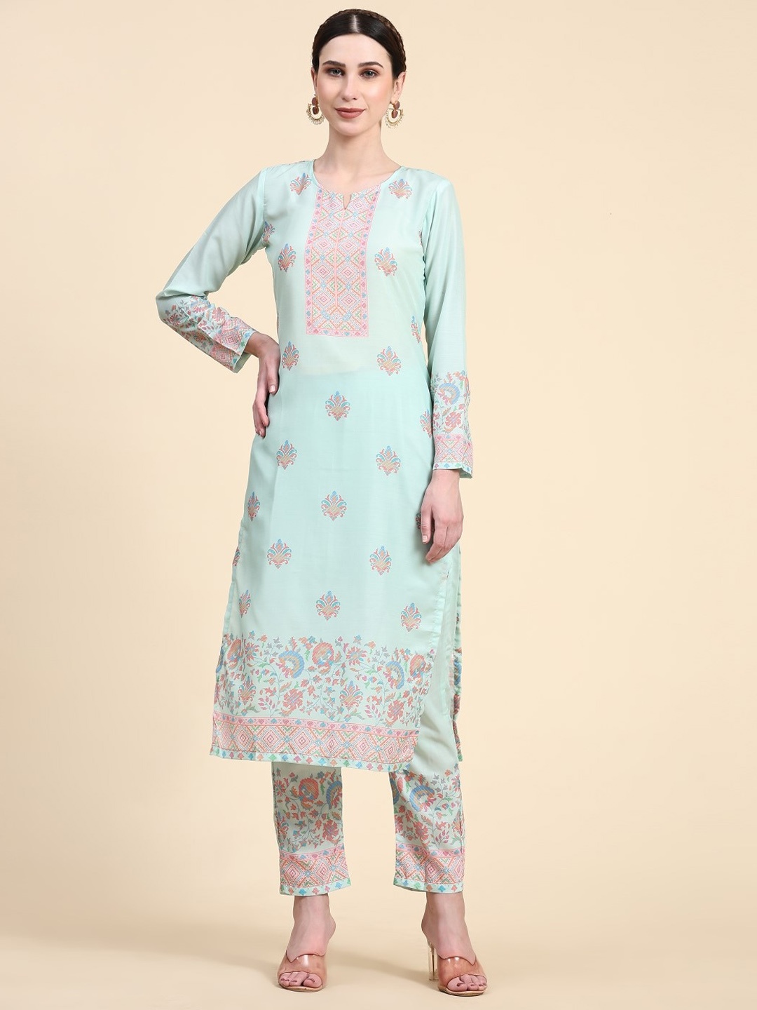 

VISHNU WEAVES Ethnic Motifs Printed Kurta with Trousers & Dupatta, Sea green