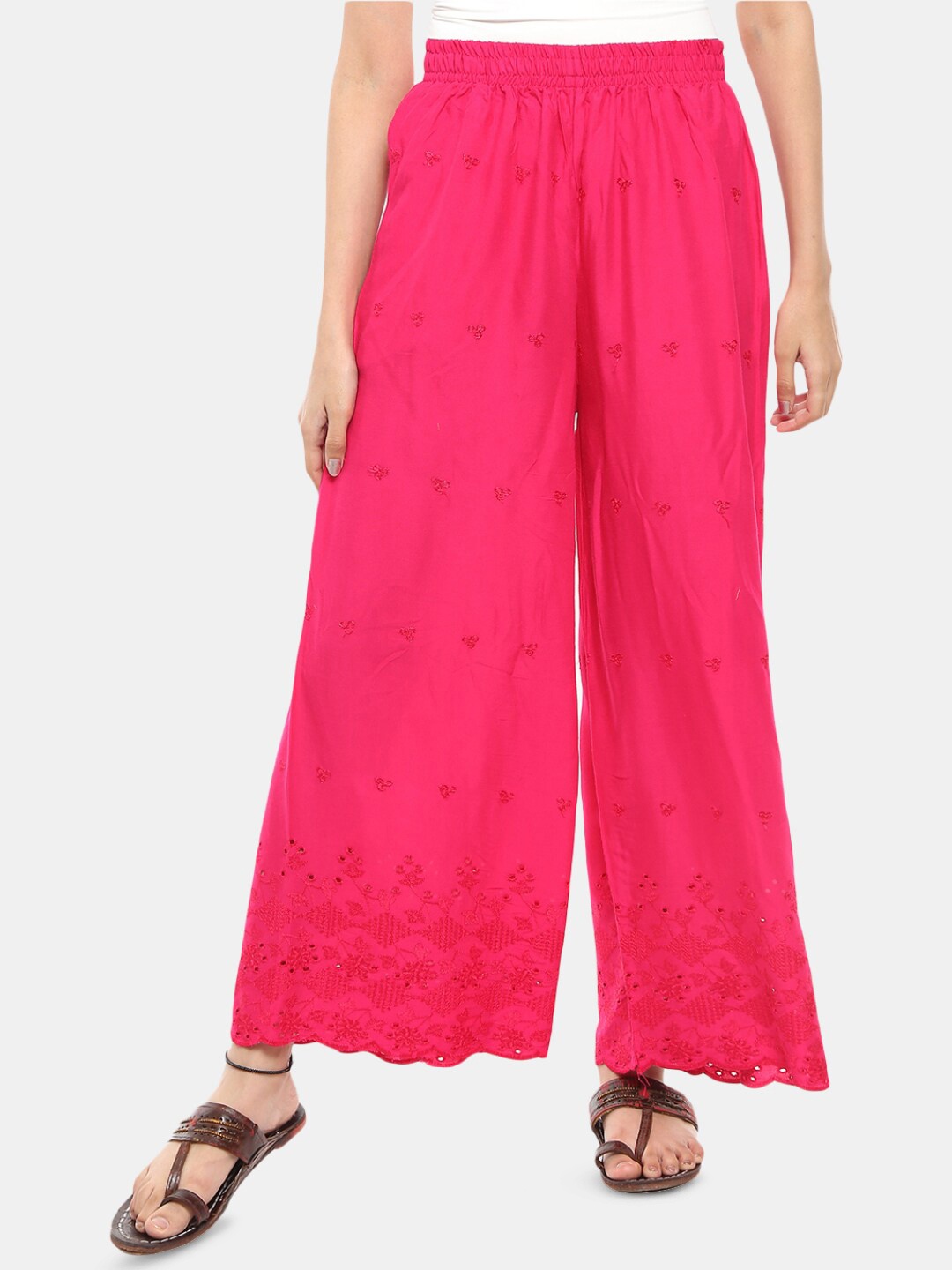 

V-Mart Women Embroidered Wide Leg Palazzos, Pink