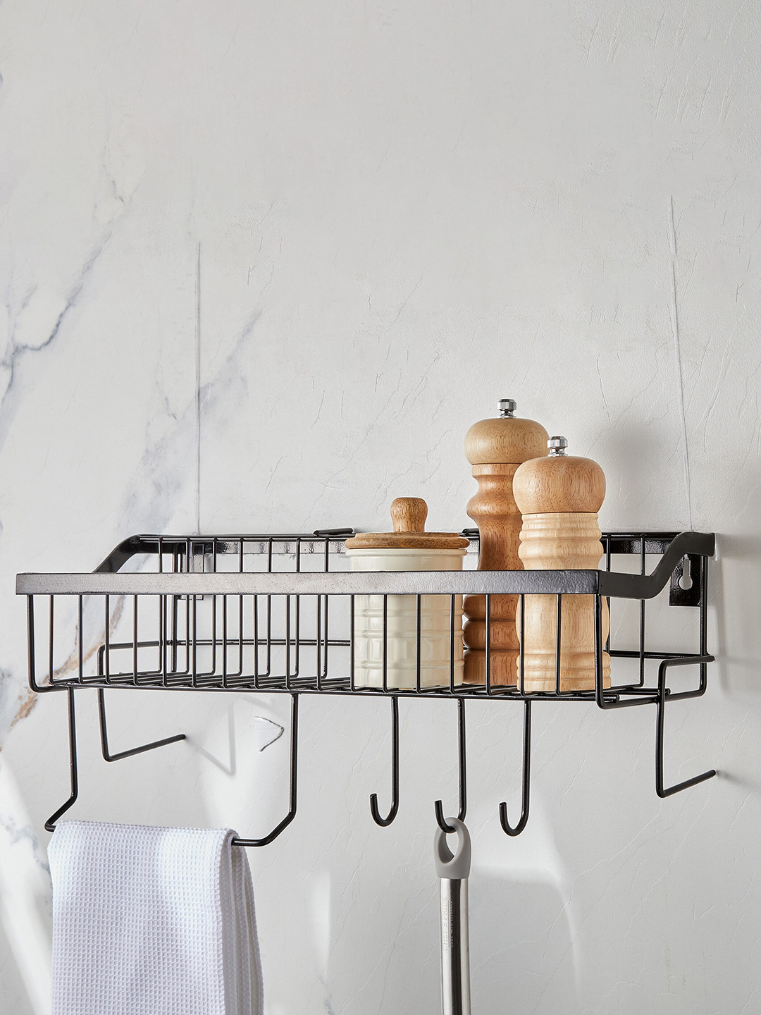 

Home Centre Black Metal Wall Mounted Kitchen Rack