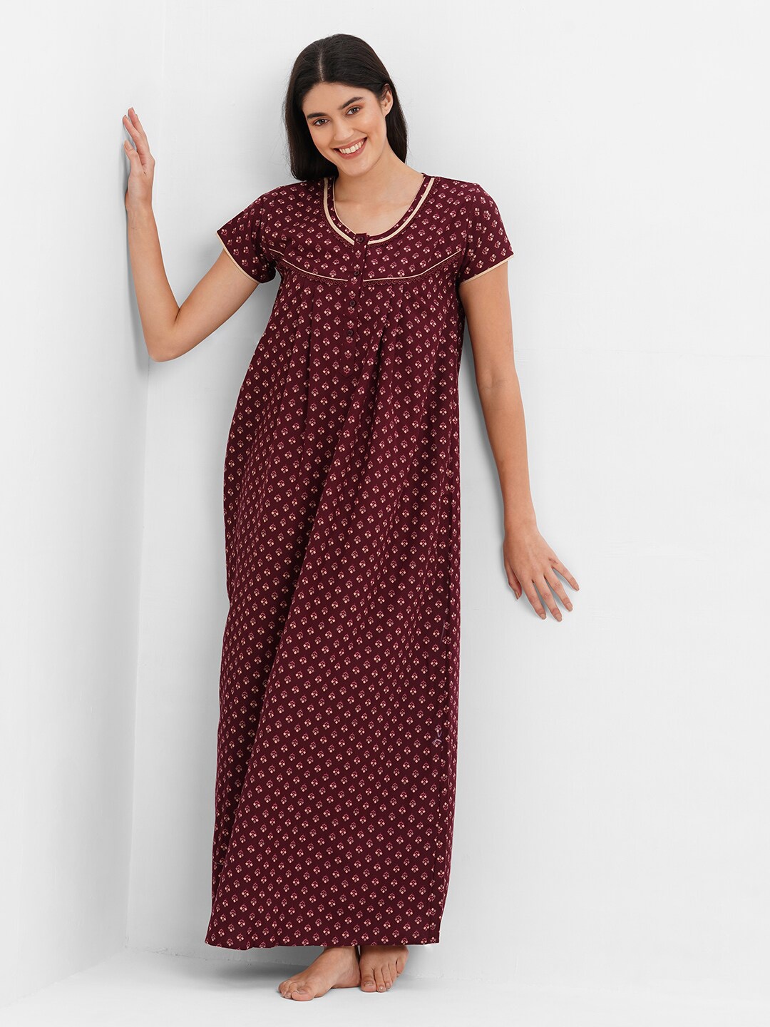 

Sweet Dreams Maroon Floral Printed Maxi Nightdress