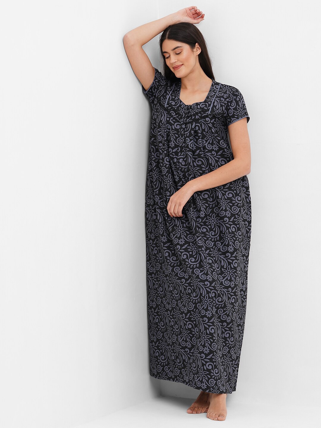

Sweet Dreams Grey Ethnic Printed Maxi Nightdress