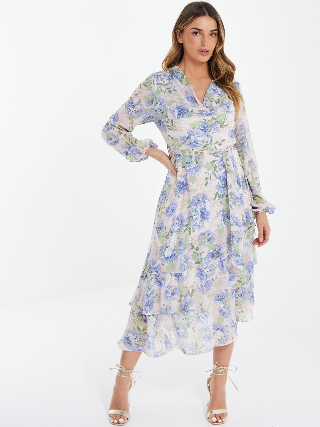 

QUIZ Floral Printed Cowl Neck Layered A-Line Midi Dress With Belt, White
