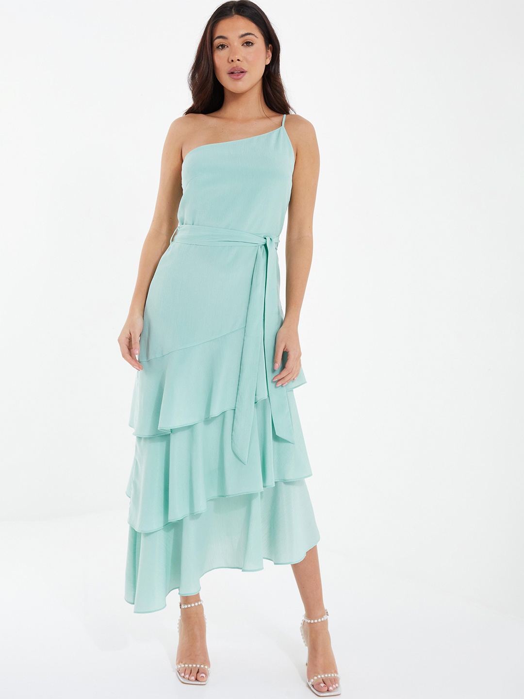 

QUIZ Self Design One Shoulder Layered Fit & Flare Midi Dress, Green