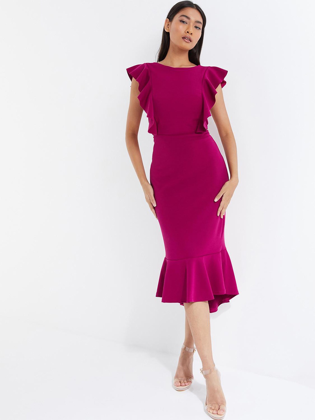 

QUIZ Flutter Sleeves Ruffled Sheath Midi Dress, Magenta