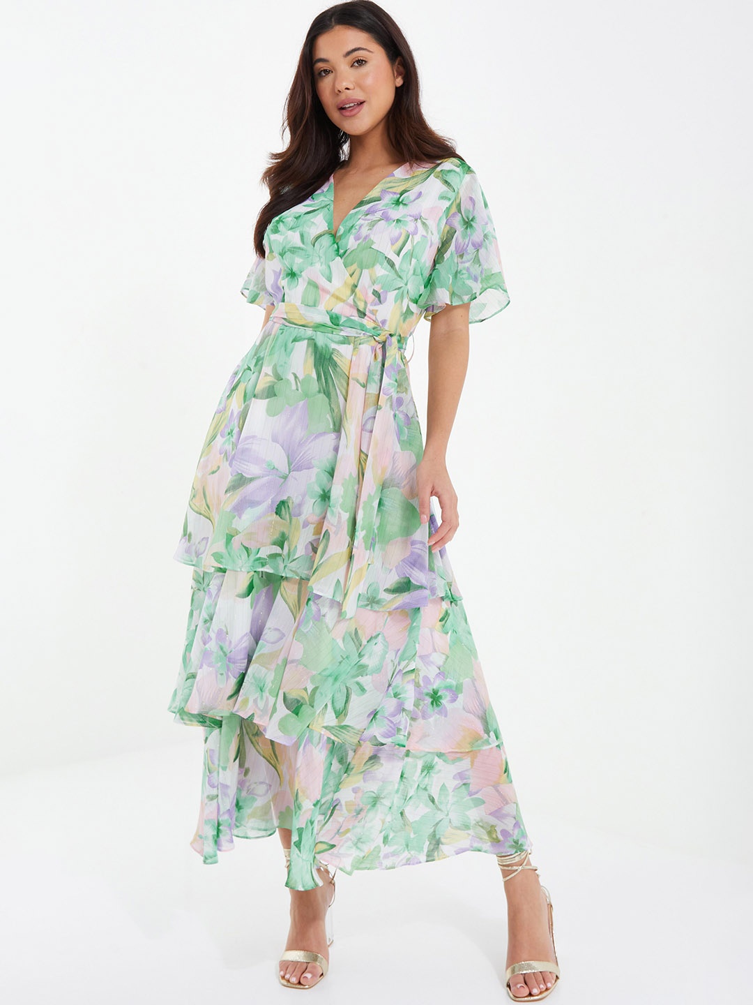 

QUIZ Floral Print V-Neck Flared Sleeve Layered Fit & Flare Maxi Length Dress, Green