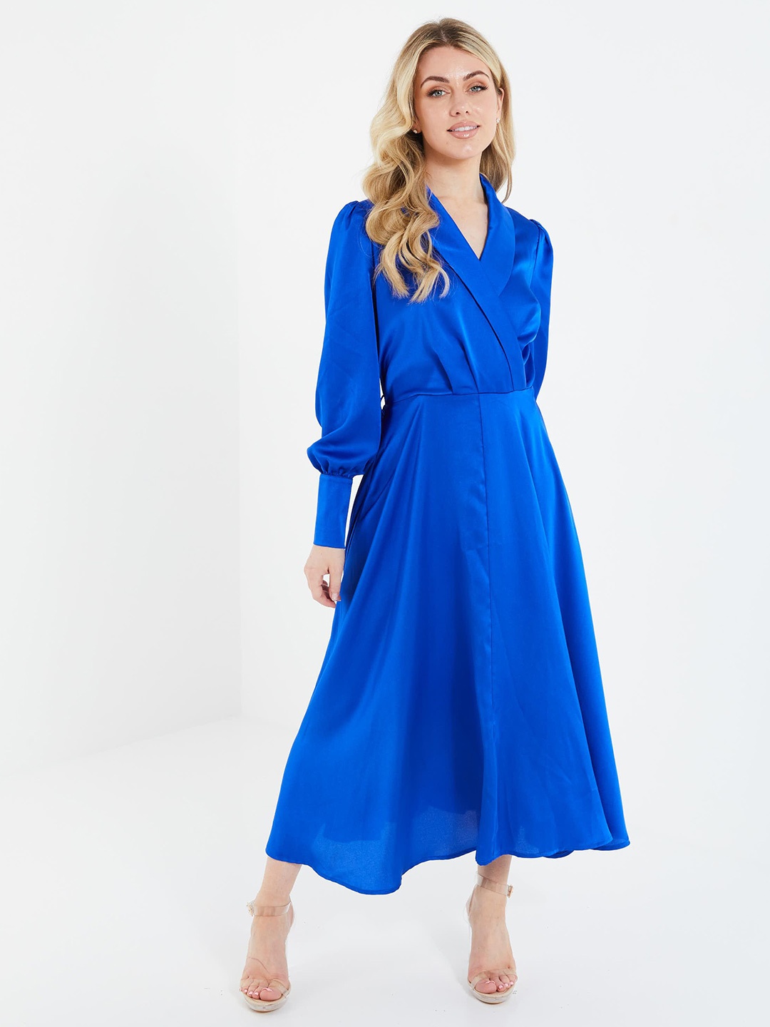 

QUIZ Cuffed Sleeves Mock Collar Fit & Flare Midi Dress, Blue