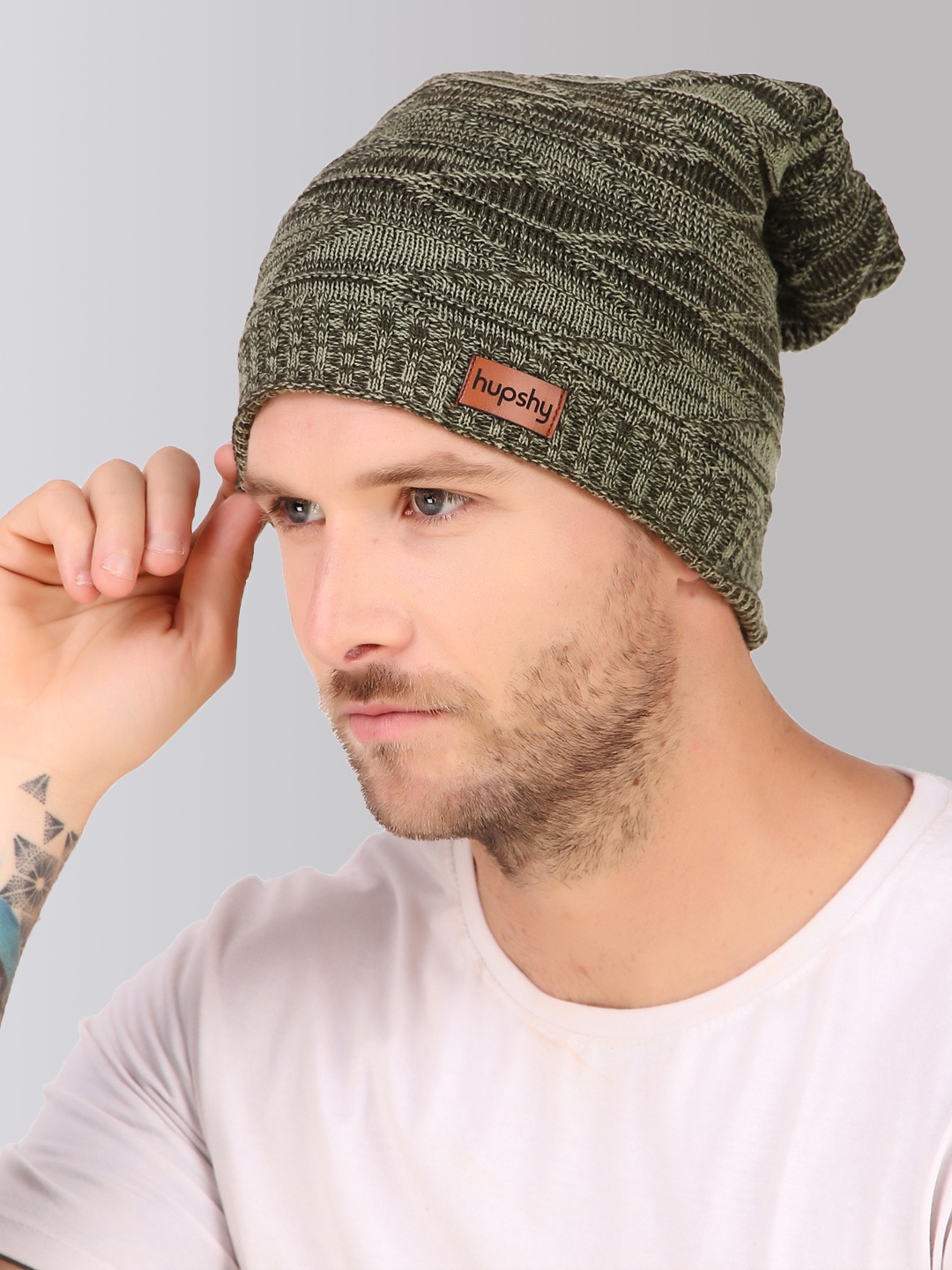 

hupshy Men Self Design Acrylic Beanie Cap, Olive