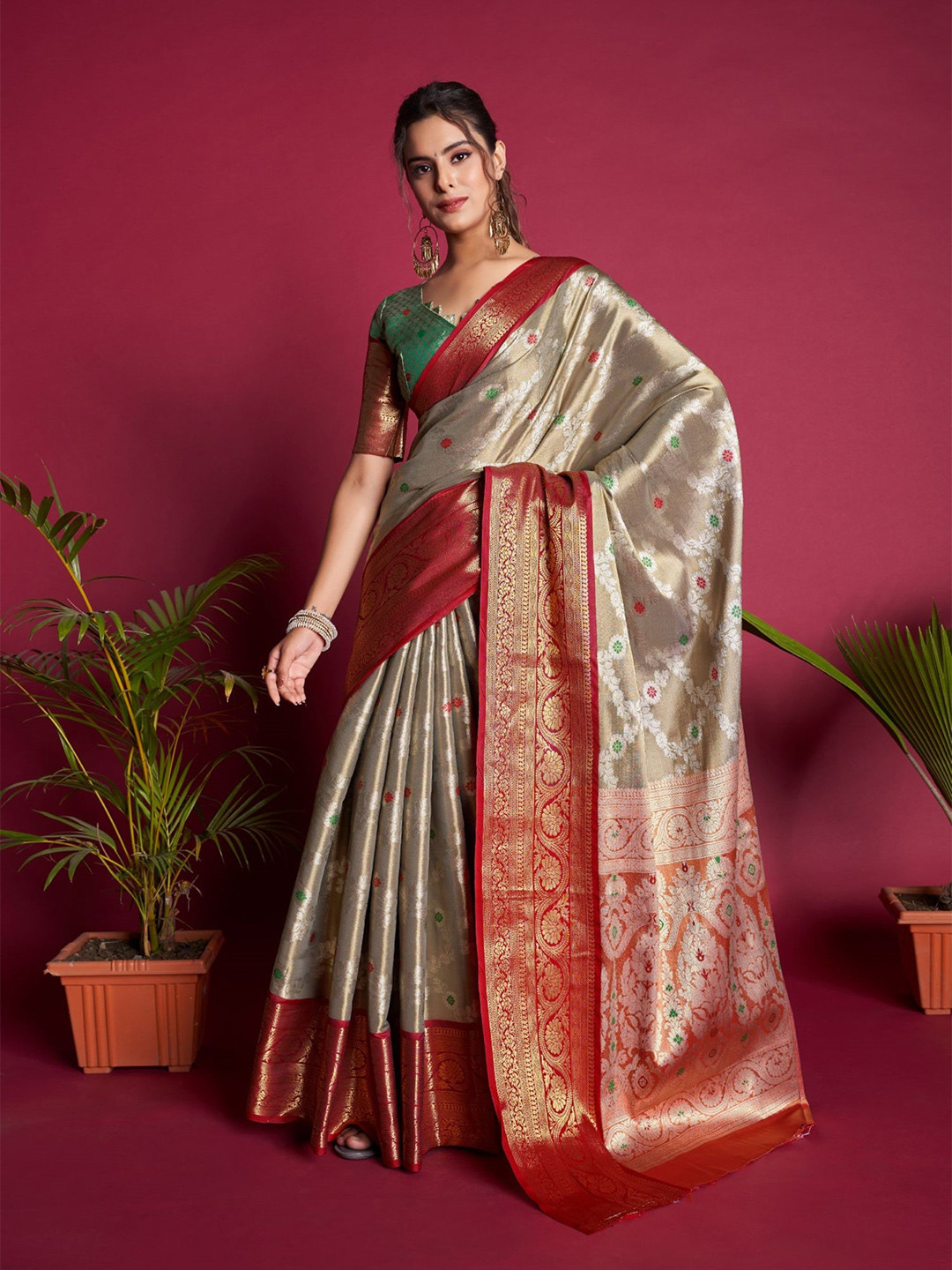 

Mitera Grey & Red Ethnic Motifs Woven Design Zari Blend Kanjeevaram Saree