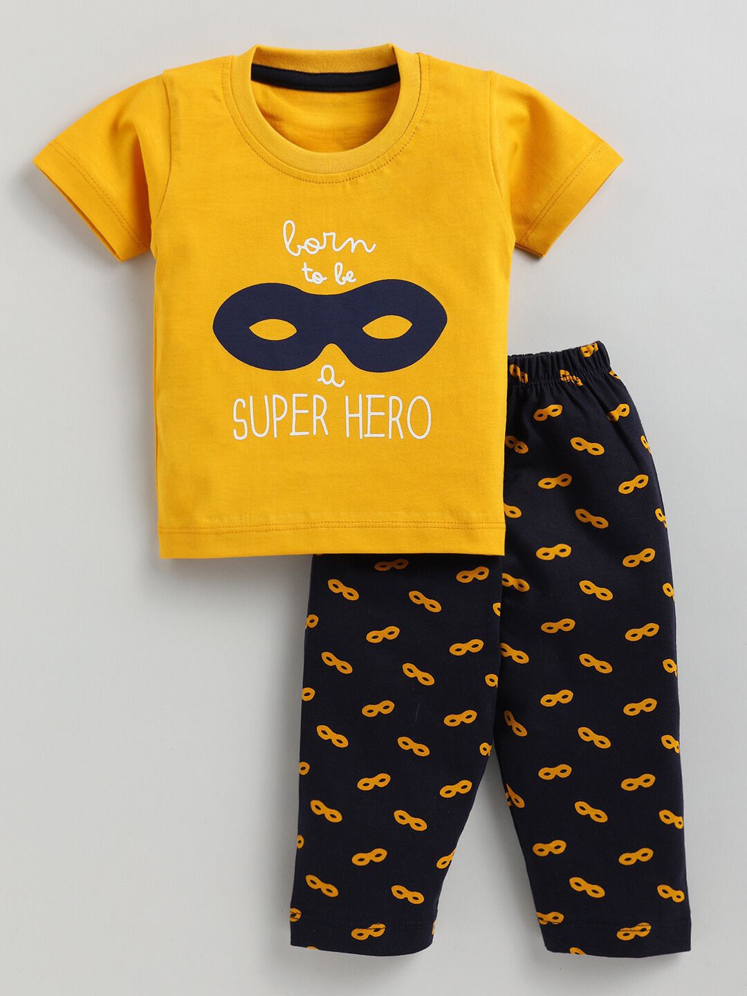 

YK Boys Super Hero Mask Typography Printed Pure Cotton T-shirt with Pyjamas, Mustard