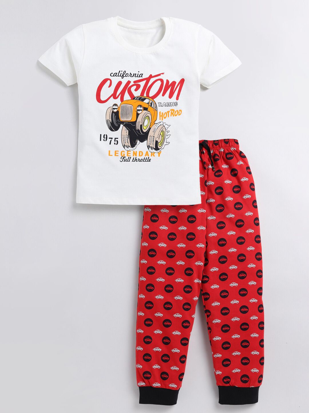 

YK Boys Cars Graphic Printed Pure Cotton T-shirt with Trousers, White