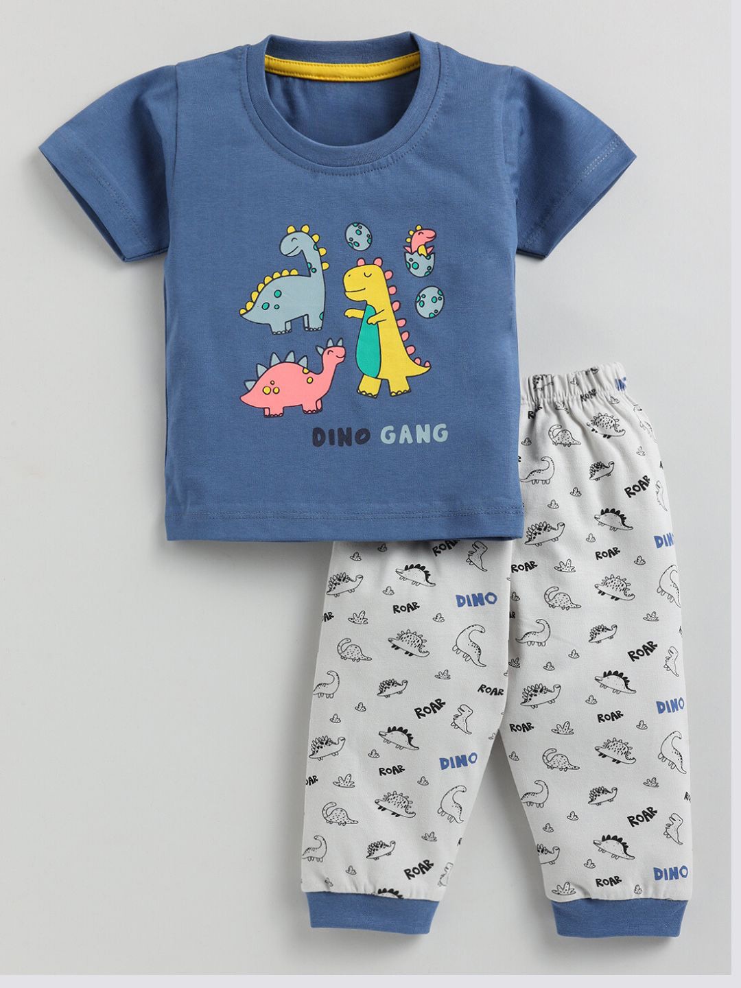 

YK Boys Dinosaur Conversational Printed Pure Cotton T-shirt with Trousers, Blue