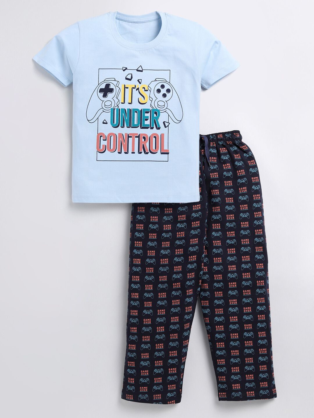

YK Boys Joystick Conversational Printed Pure Cotton T-shirt with Trousers, Blue