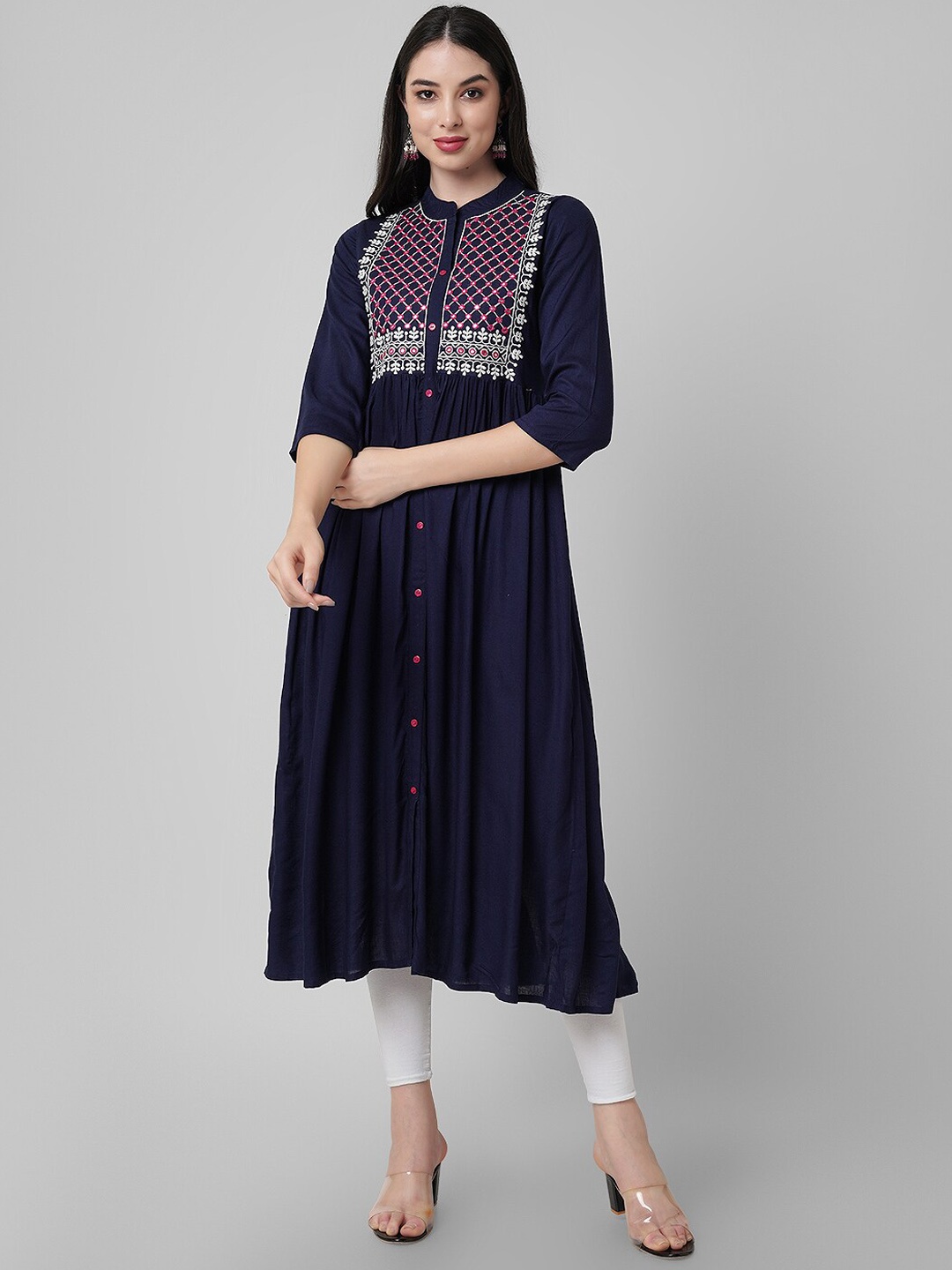 

Ashlee Ethnic Motifs Embroidered Mirror Work Band Collar A-Line Kurta, Navy blue