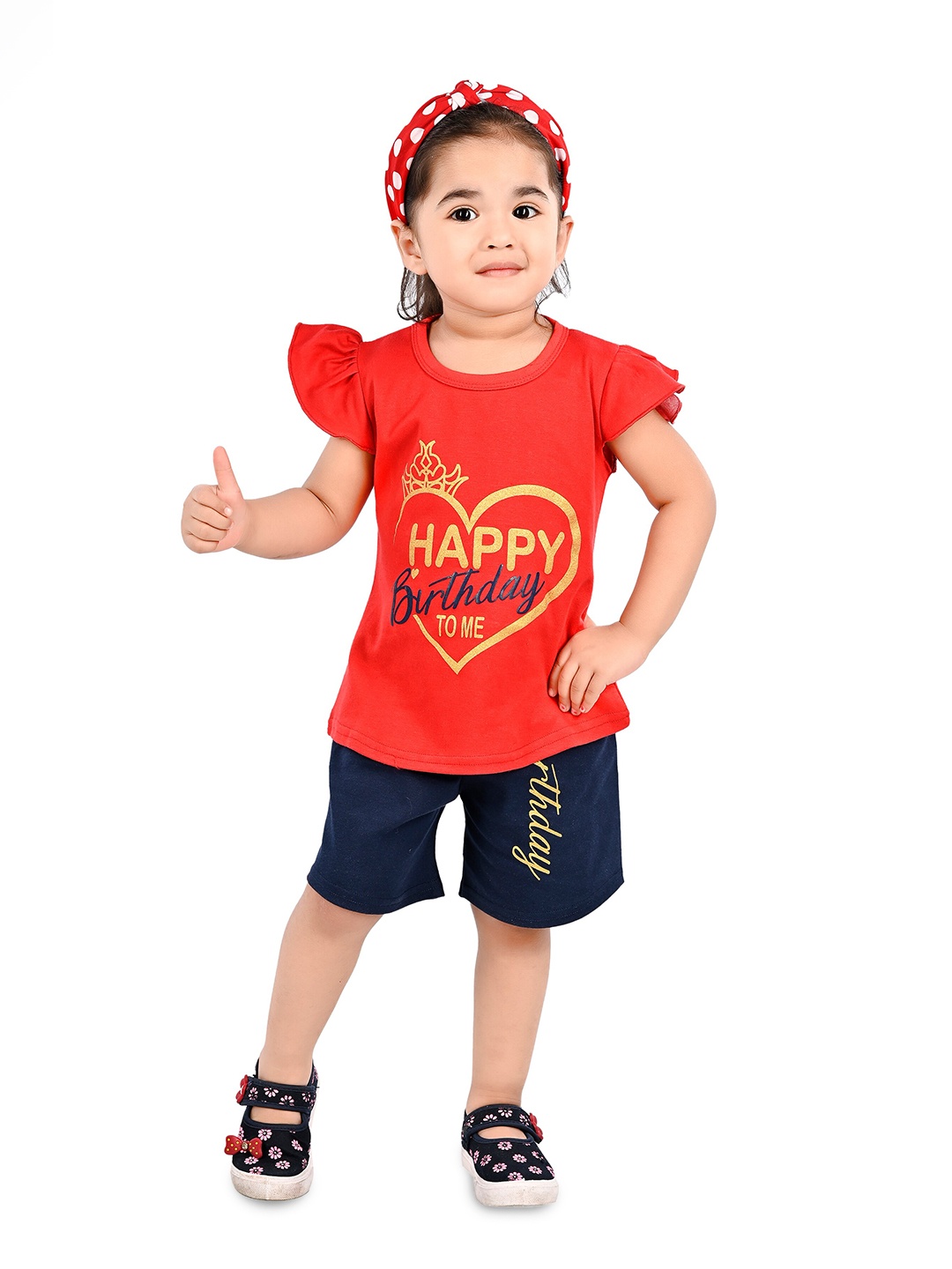 

BAESD Girls Typography Printed Flutter Sleeves Pure Cotton T-Shirt With Shorts, Red