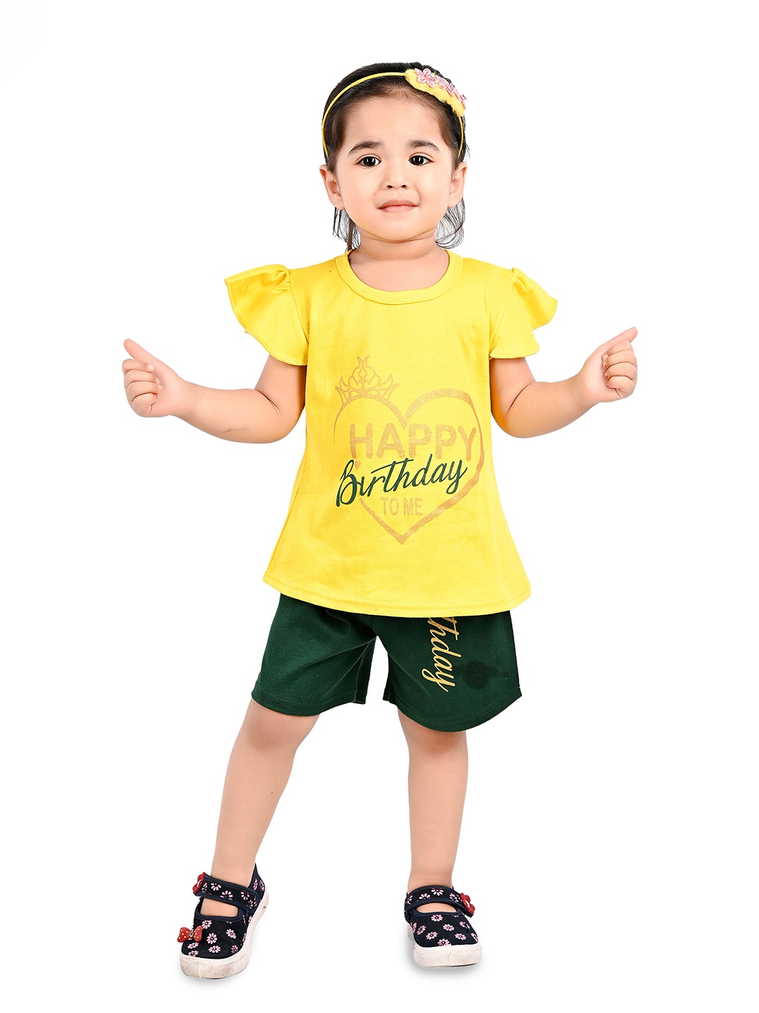 

BAESD Girls Typography Printed Flutter Sleeves Pure Cotton T-Shirt With Shorts, Yellow