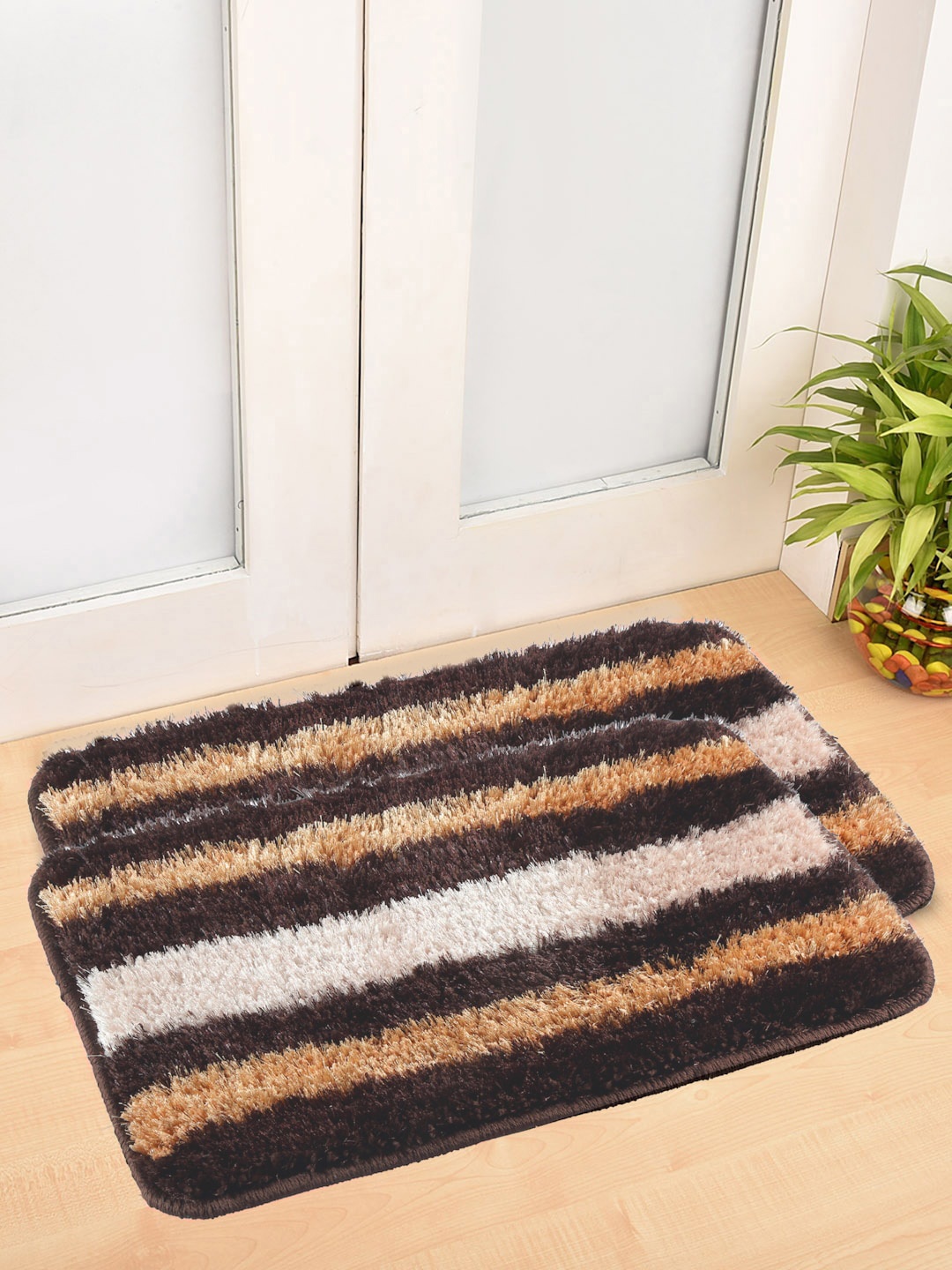 

FABINALIV Brown & Beige 2 Pieces Striped Anti Skid Doormats