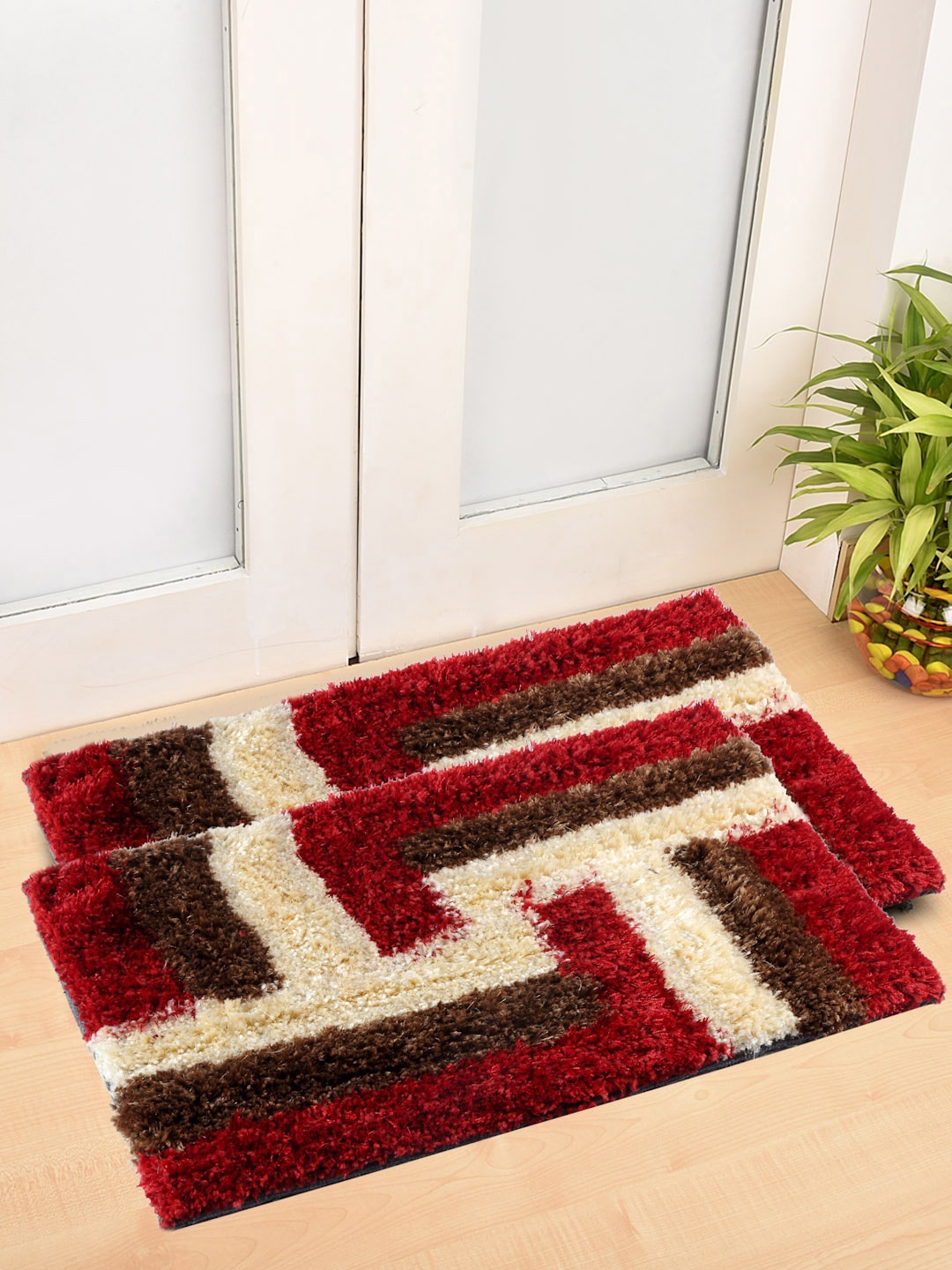 

FABINALIV Red & Brown 2 Pieces Geometric Anti-Skid Doormats