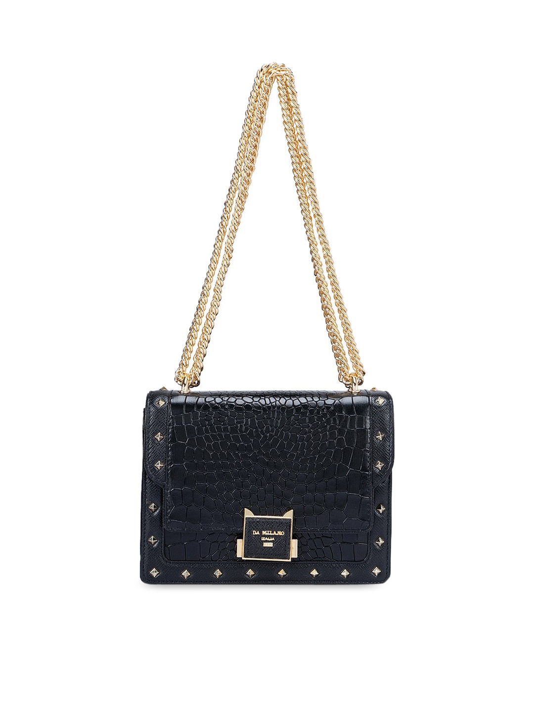 

Da Milano Textured Embellished Leather Structured Sling Bag, Black