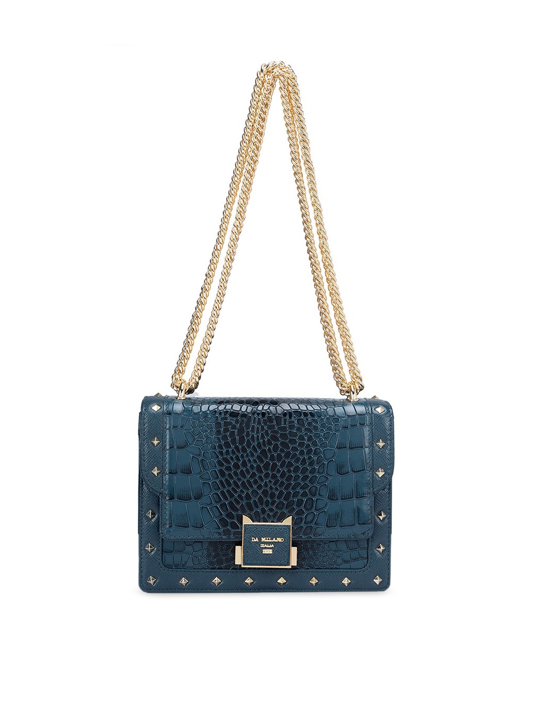 

Da Milano Textured Embellished Leather Structured Sling Bag, Blue